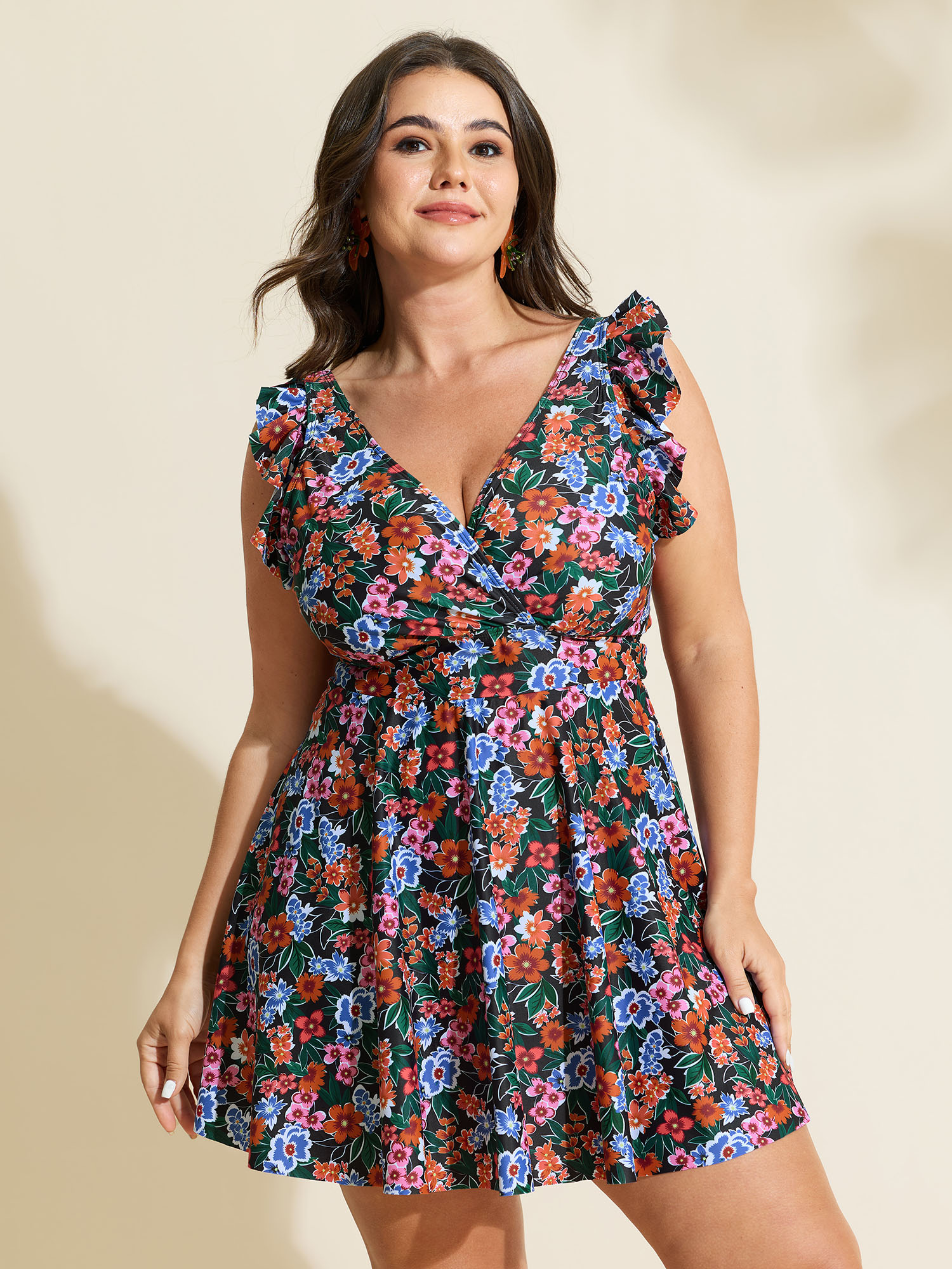 BloomChic Women's Plus Size Anti-Float Tie Ruffled Floral Swim Dress BlackFlower Tropical Ruffles Adaptive-Fit 10/M
