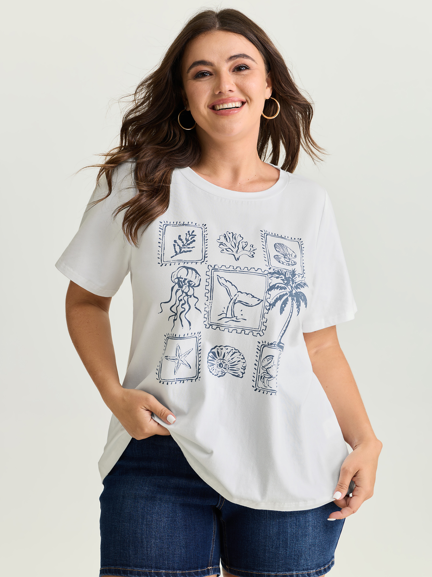 BloomChic Women's Plus Size Cotton Ocean Calling Plain T-Shirt Originalwhite Tropical Everyday-Casual Short sleeve 10/M