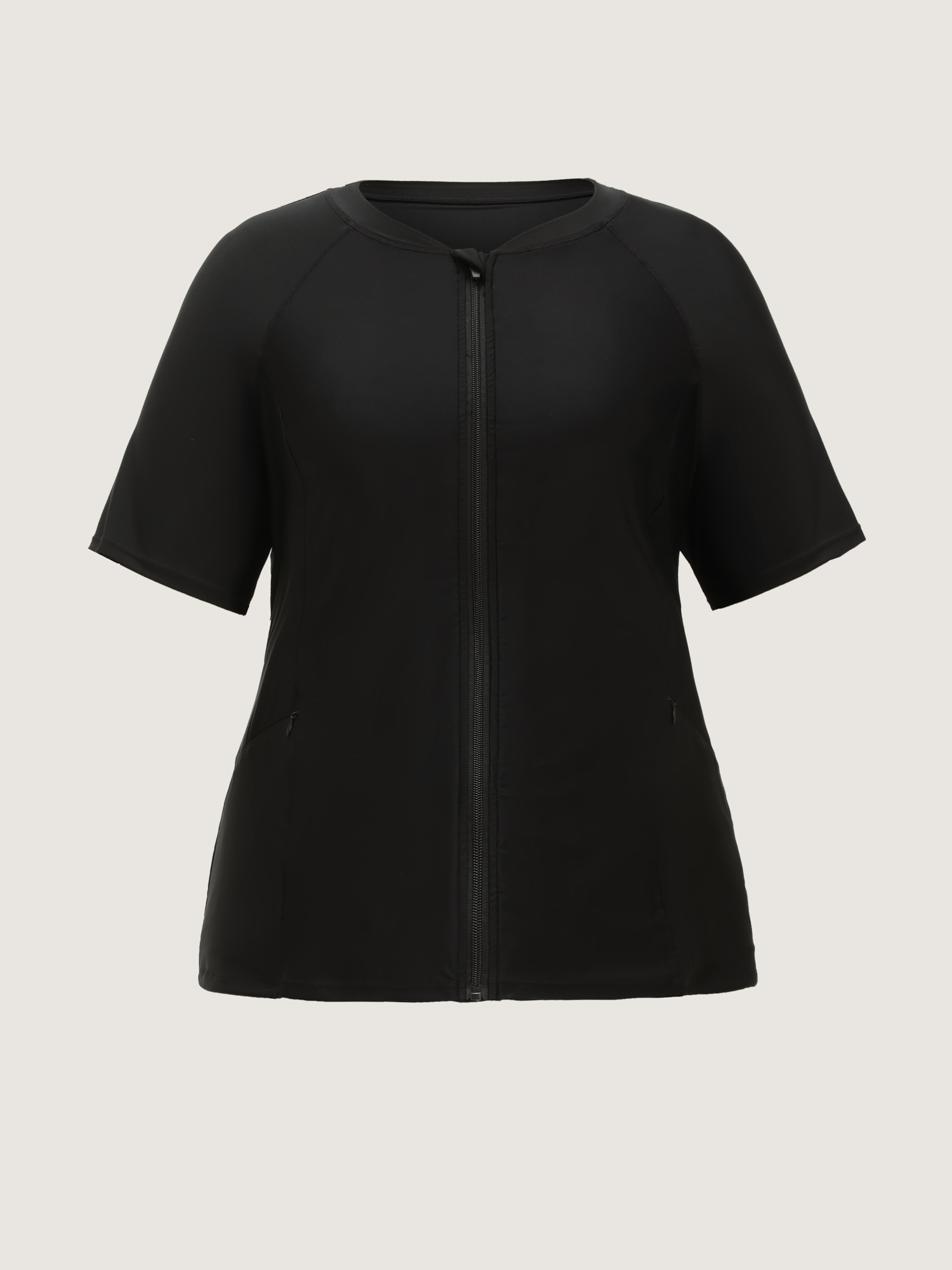 Side view of BloomChic Women's Plus Size UPF 50+ Zipper Front Pockets Swim Top Black Short sleeve 30/6X