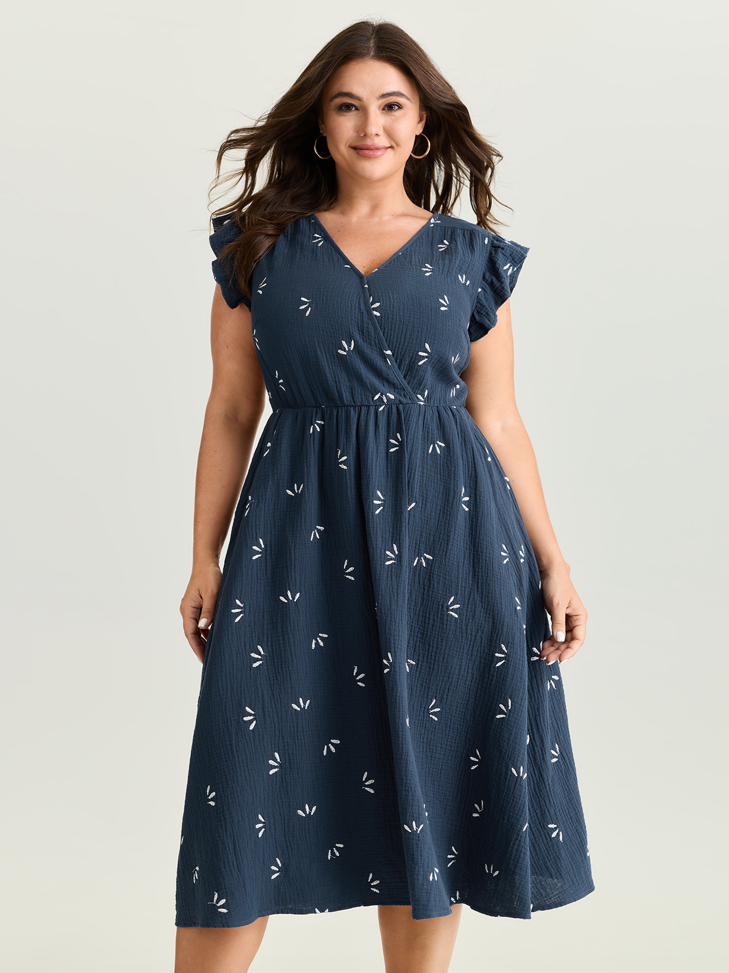 BloomChic Women's Plus Size Pure Cotton Floral Embroidered Midi Dress Indigo Non Midi Everyday-Casual Overlapping 10/M