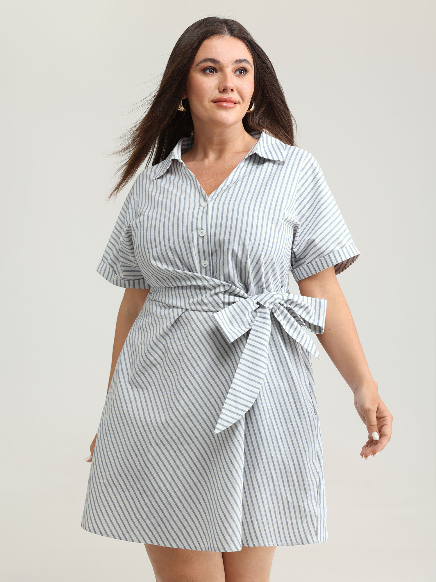 BloomChic Women's Plus Size Pure Cotton Side Knotted Waist Mini Dress Stone Stripes Full Office Overlapping 10/M