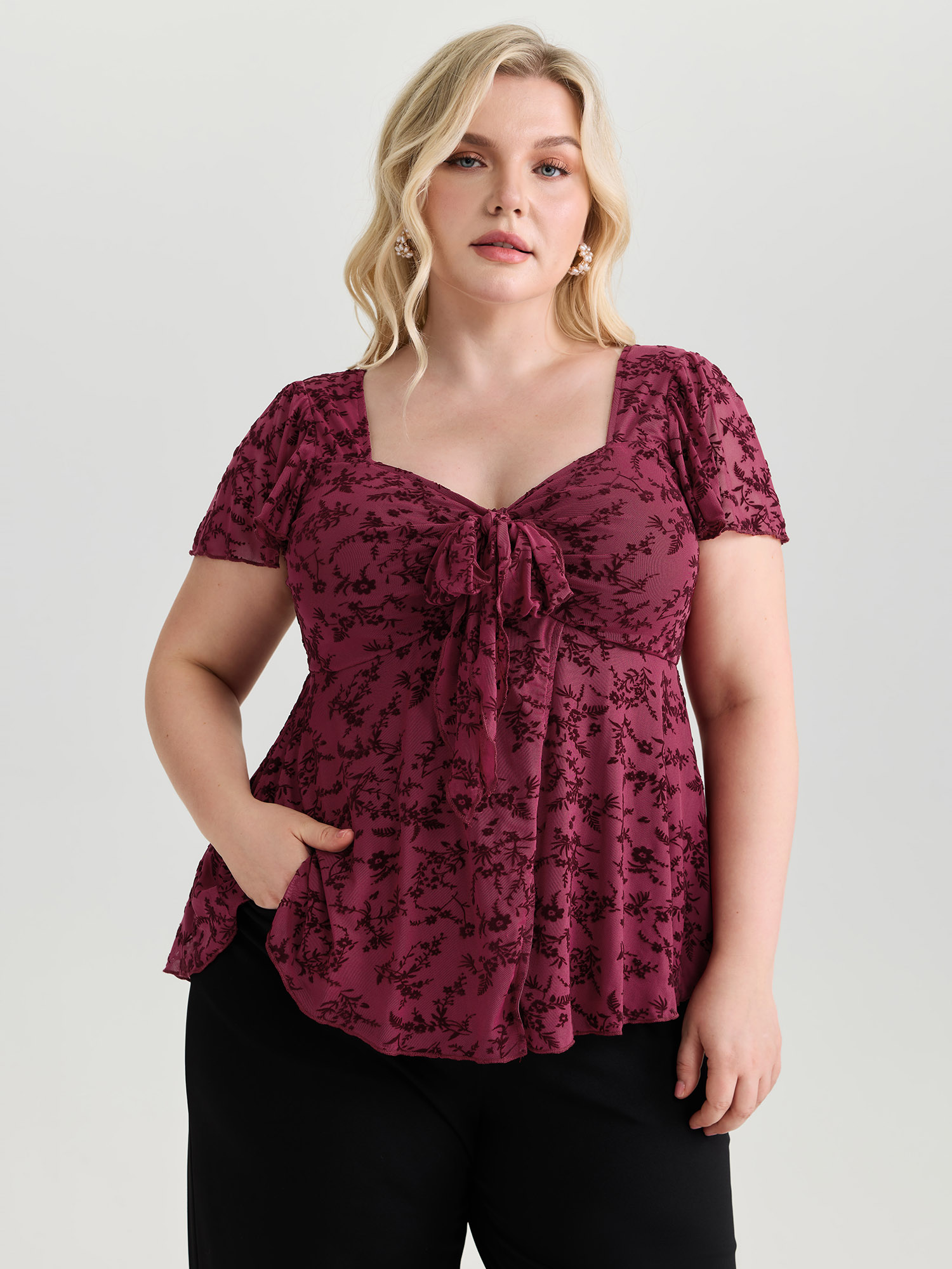 BloomChic Women's Plus Size Floral Flocked Mesh Knotted Front Top Deepred Short sleeve Everyday-Elegant 30/6X