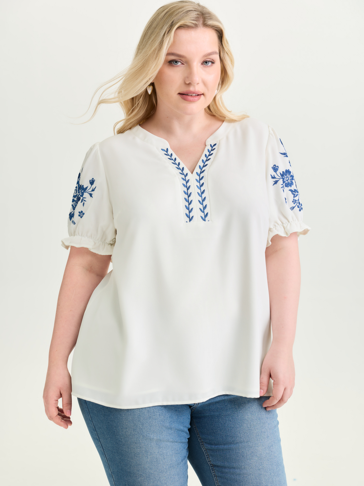 BloomChic Women's Plus Size Notched Collar Embroidered Ruffled Blouse Originalwhite Solid Vacation Short sleeve V-Notch Neck 10/M