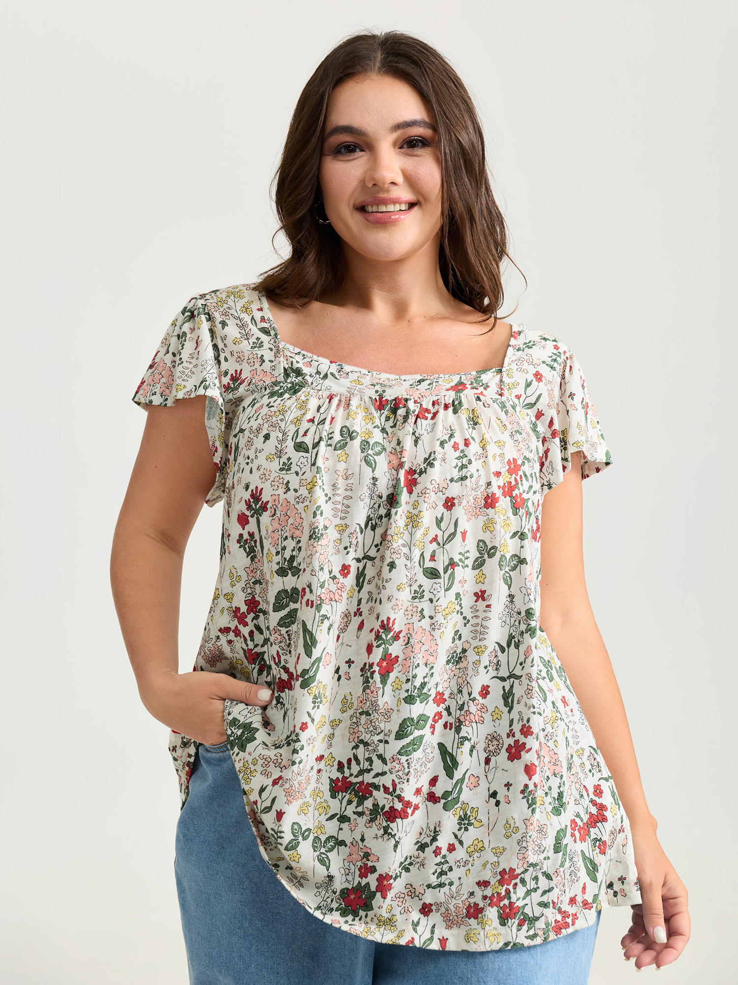 BloomChic Women's Plus Size Pure Cotton Floral Print Square Neck Top Beige Cap Sleeve Everyday-Casual 10/M