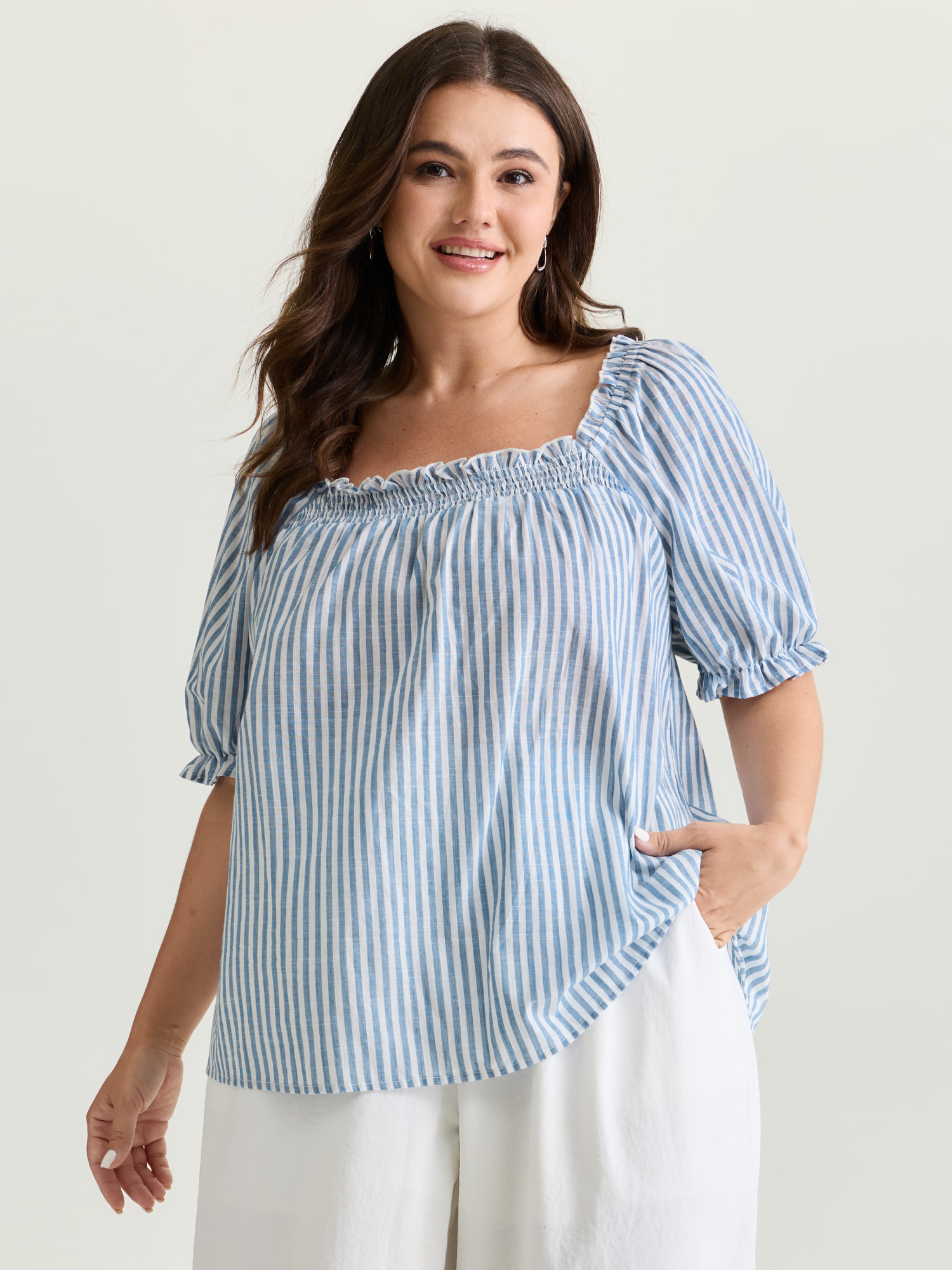 BloomChic Plus Size Cotton Striped Shirred Bust-Friendly Neckline Blouse - Women's Cerulean Stripes Square Neck Short sleeve Leisure Blouses 26-28/3X