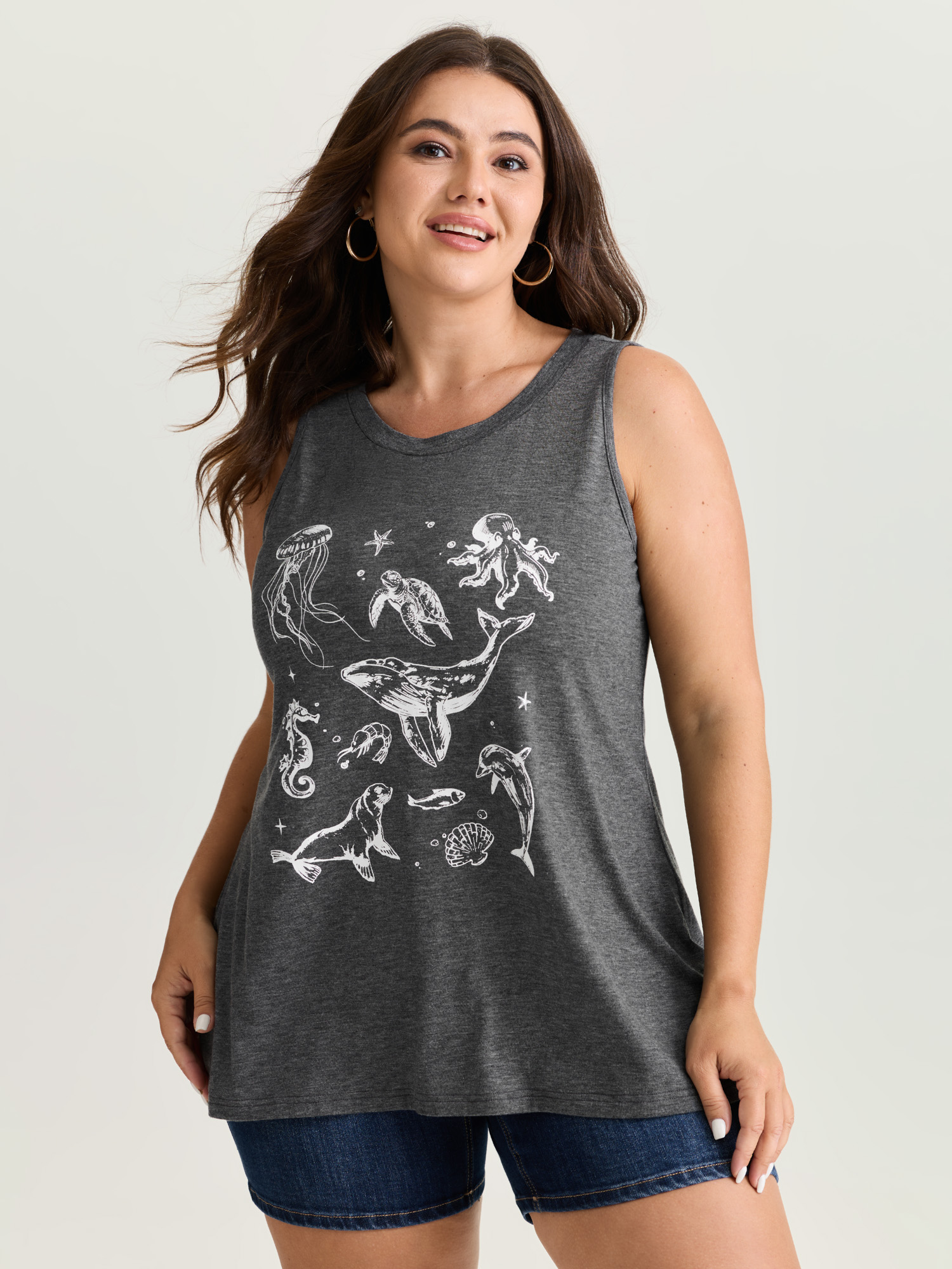 BloomChic Women's Plus Size Supersoft Ocean Print Round Neck Tank Top DimGray Everyday-Casual A-line Round Neck 10/M