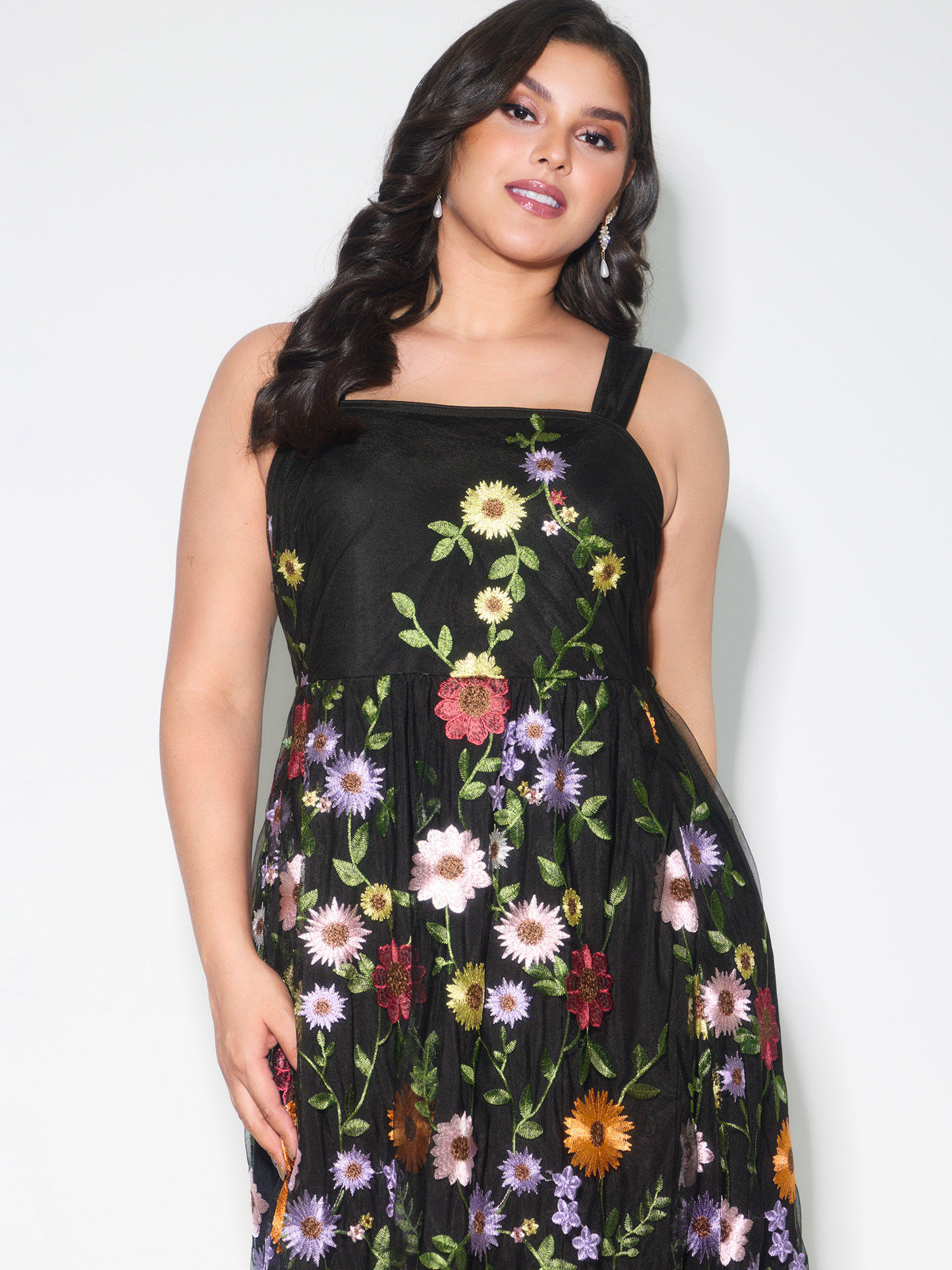 Side view of BloomChic Women's Plus Size Pretty Florals Embroidered Mesh Maxi Dress Black Party Maxi Embroidered Square Neck 28/5X