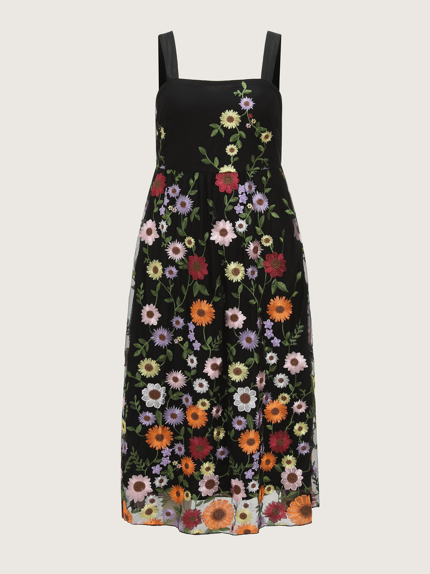 Side view of BloomChic Women's Plus Size Pretty Florals Embroidered Mesh Maxi Dress Black Party Maxi Embroidered Square Neck 28/5X