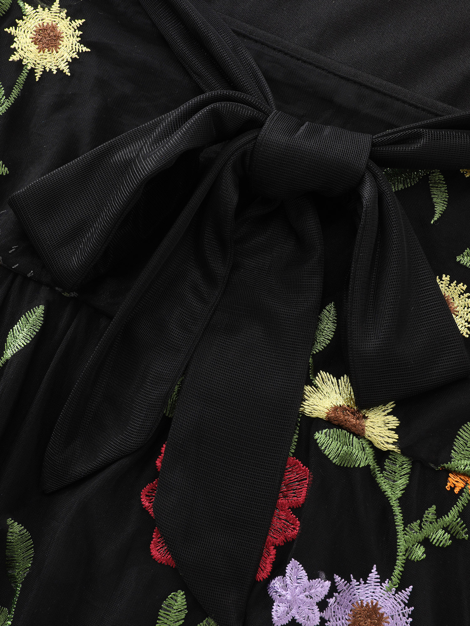 Side view of BloomChic Women's Plus Size Pretty Florals Embroidered Mesh Maxi Dress Black Party Maxi Embroidered Square Neck 28/5X