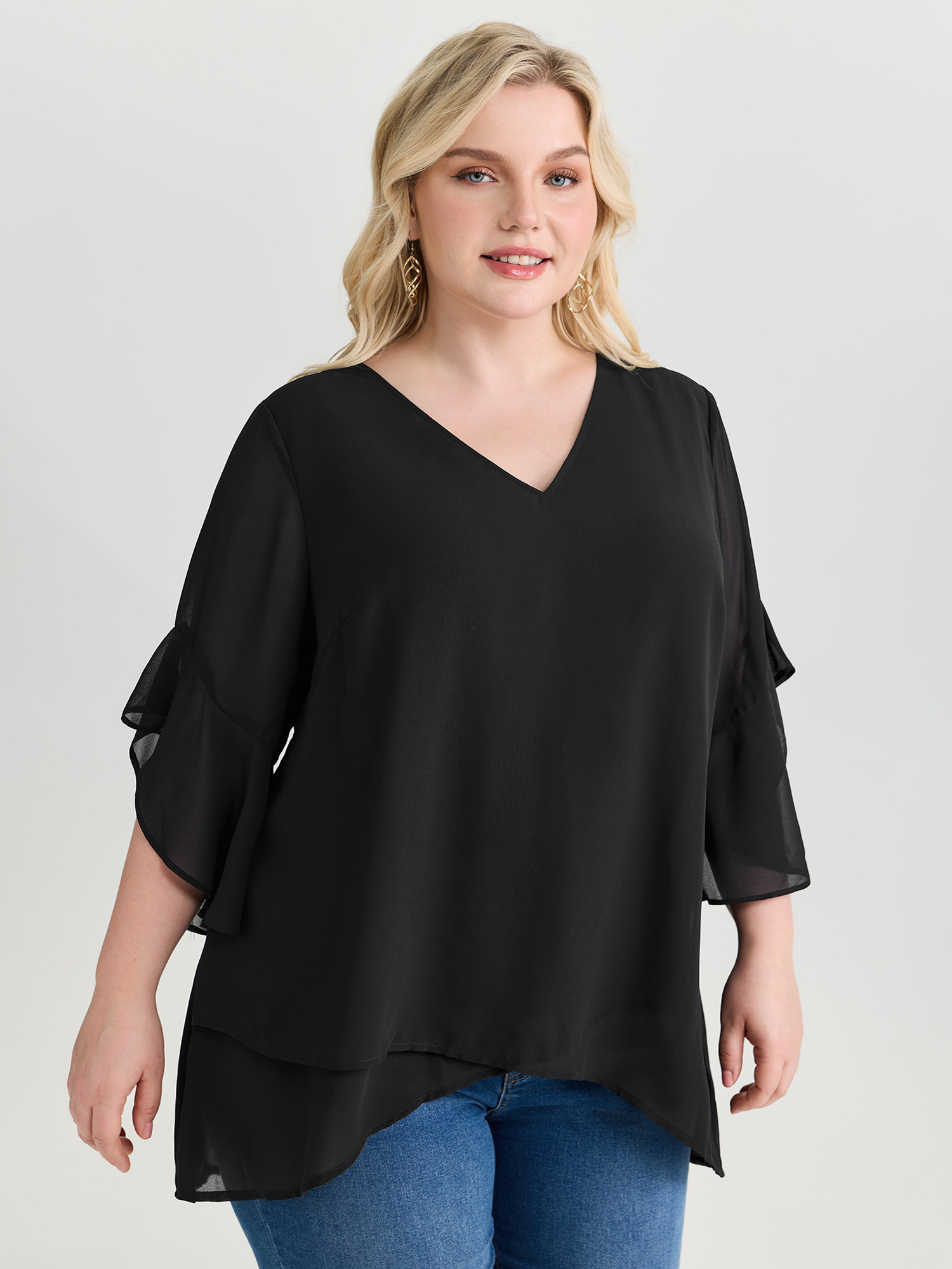 BloomChic Women's Plus Size Sheer Flowy Ruffled Sleeve Plain Blouse Pureblack Non Everyday-Elegant Short sleeve 10/M