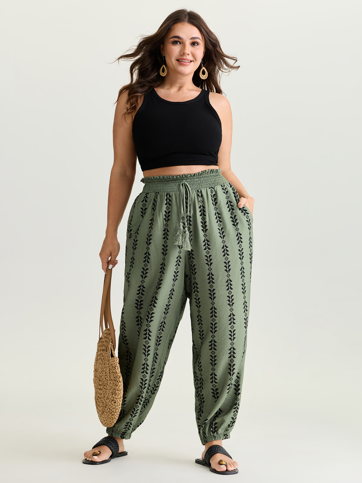 BloomChic Women's Plus Size Supersoft Geometric Print Shirred Jogger Pants Sage Ethnic Floral Jogger Mid Rise Vacation 30/6X