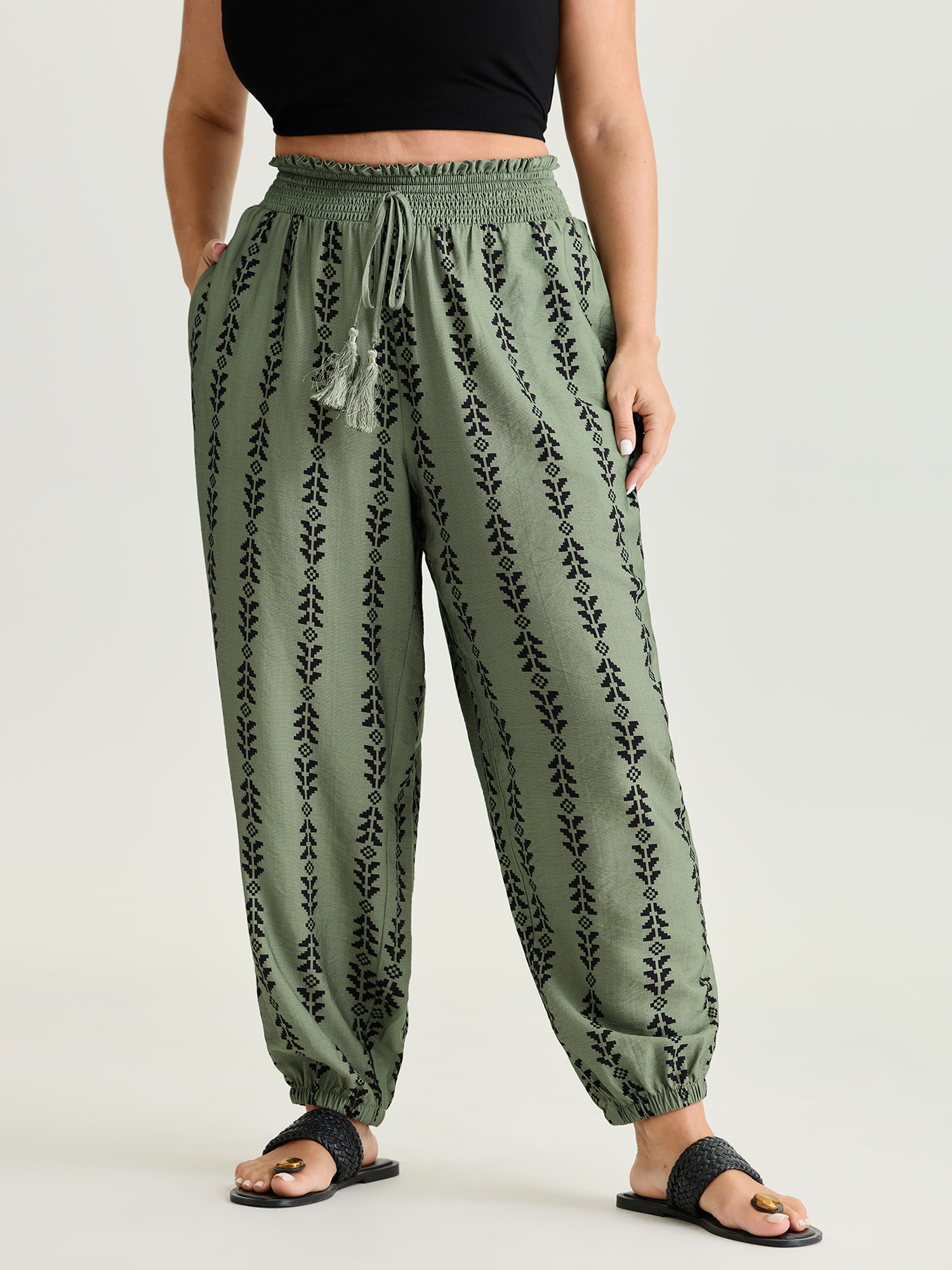 Side view of BloomChic Women's Plus Size Supersoft Geometric Print Shirred Jogger Pants Sage Ethnic Floral Jogger Mid Rise Vacation 30/6X