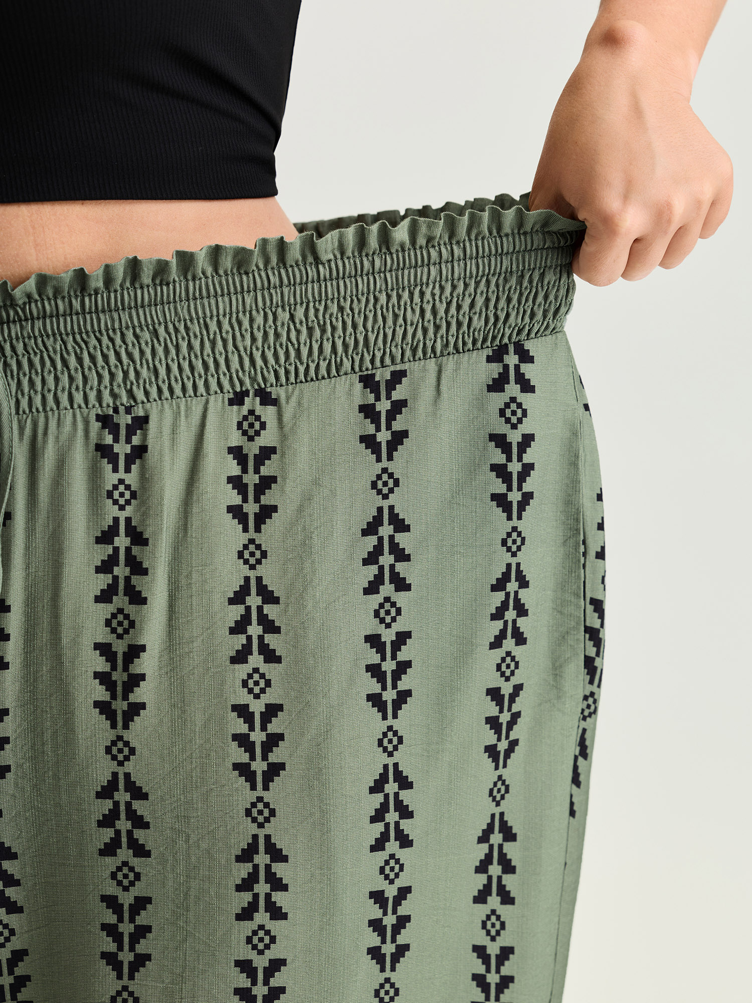 Side view of BloomChic Women's Plus Size Supersoft Geometric Print Shirred Jogger Pants Sage Ethnic Floral Jogger Mid Rise Vacation 30/6X