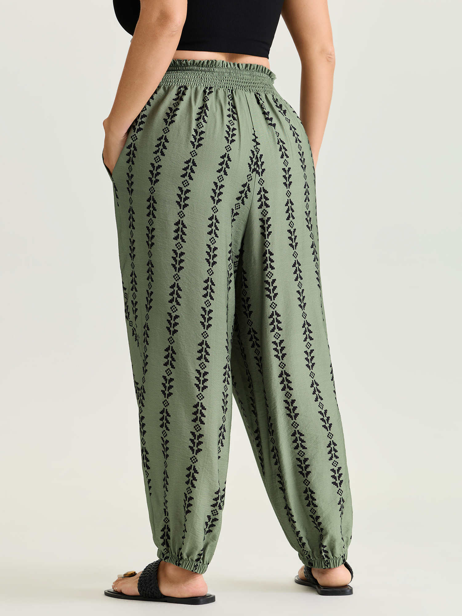 Side view of BloomChic Women's Plus Size Supersoft Geometric Print Shirred Jogger Pants Sage Ethnic Floral Jogger Mid Rise Vacation 30/6X
