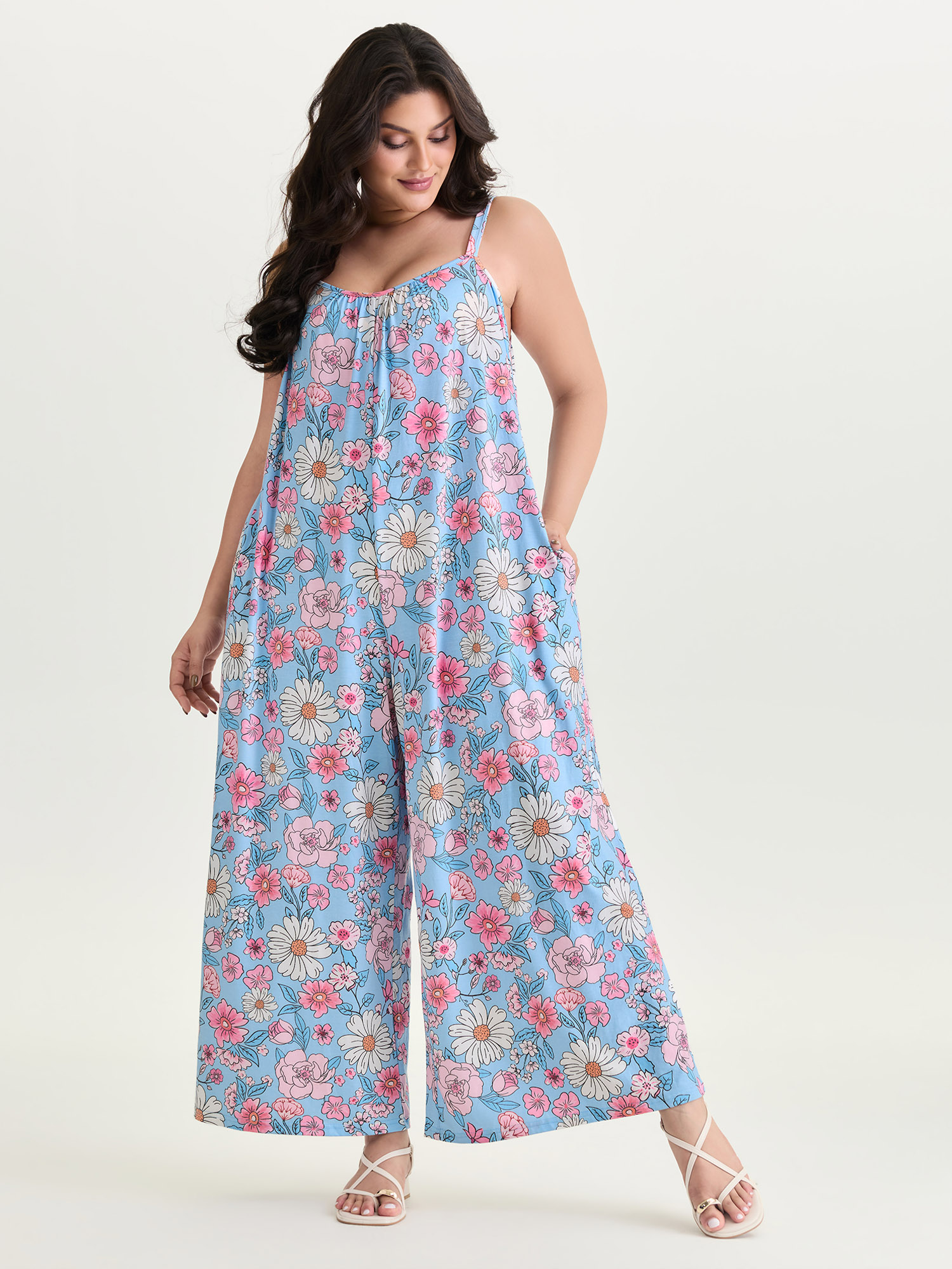 BloomChic Women's Plus Size Stretchy Floral Print Wide Straps Jumpsuit LightBlue Casual 30/6X