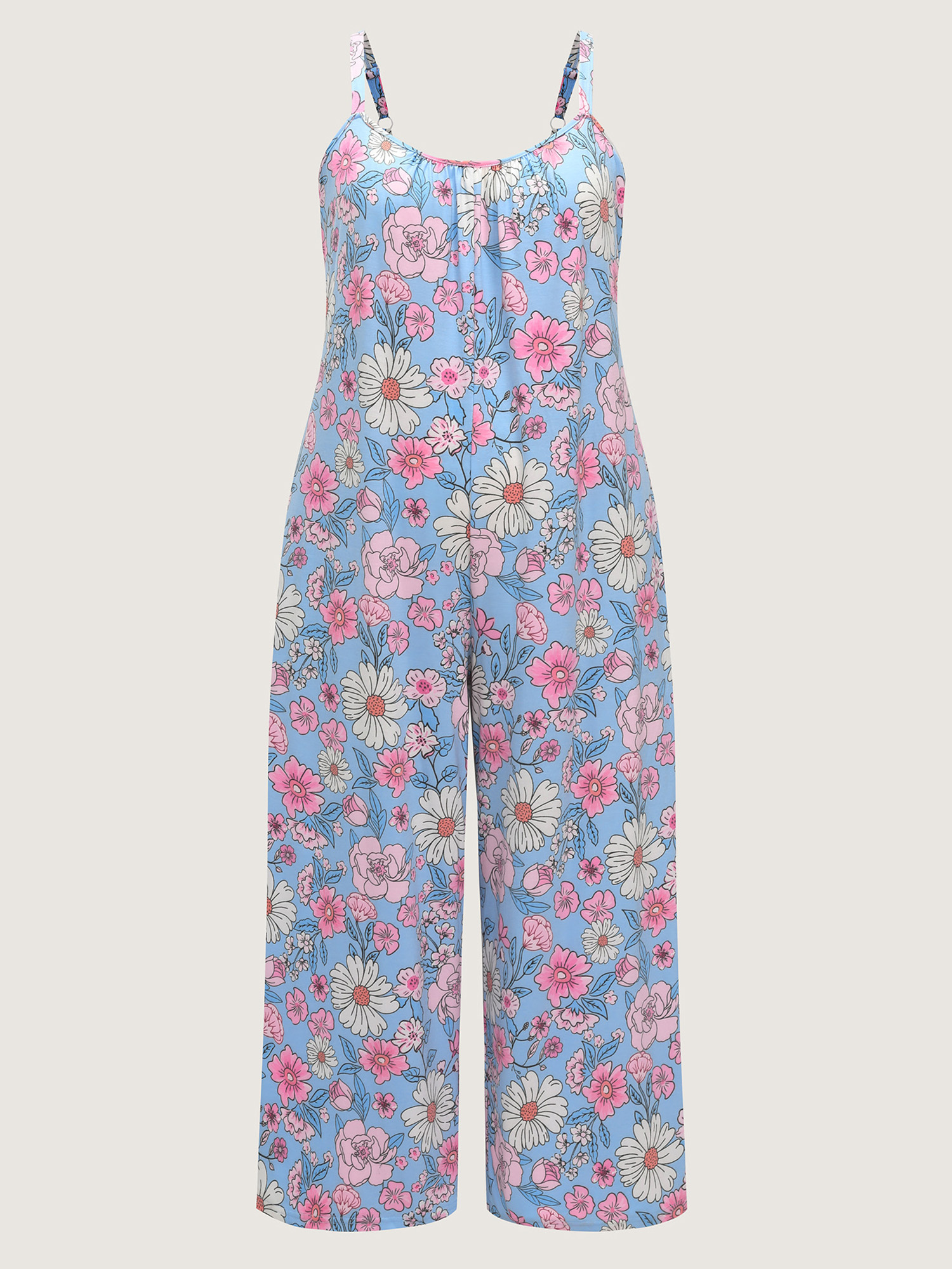 Side view of BloomChic Women's Plus Size Stretchy Floral Print Wide Straps Jumpsuit LightBlue Casual 30/6X