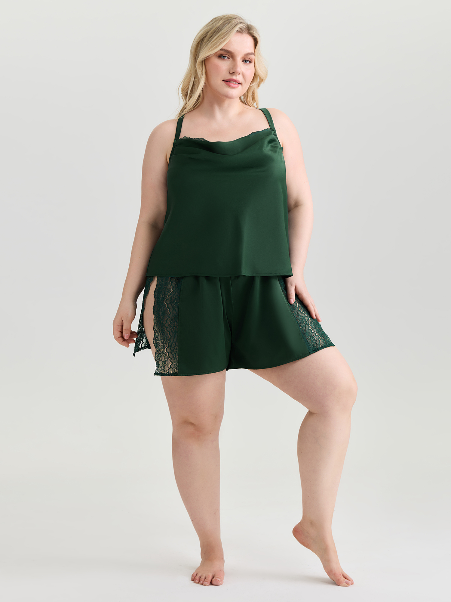 BloomChic Women's Plus Size Cowl Neckline Lace Split Co-Ord Pajama Set Cyan 10/M-image-48165731827882