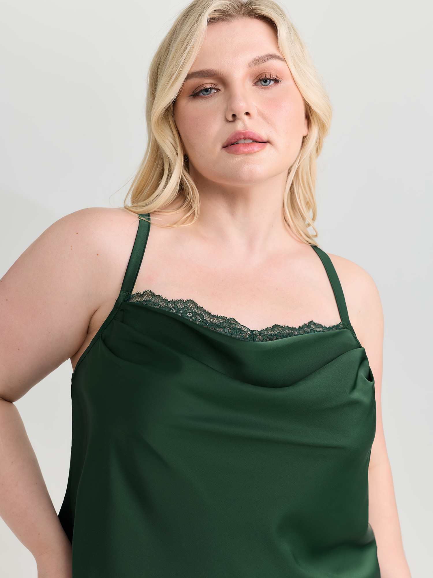 Side view of BloomChic Women's Plus Size Cowl Neckline Lace Split Co-Ord Pajama Set Cyan 22-24/3X
