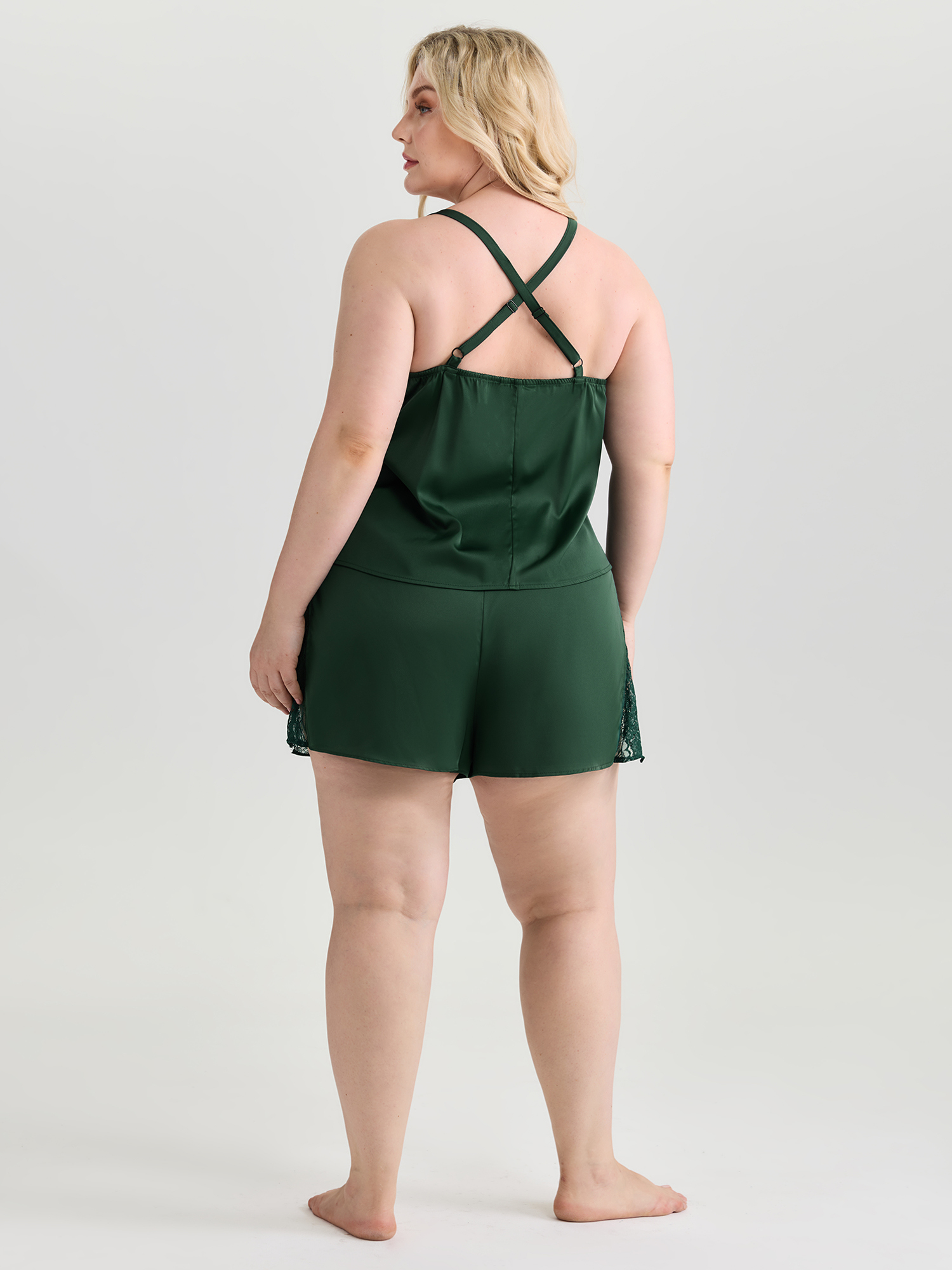 Side view of BloomChic Women's Plus Size Cowl Neckline Lace Split Co-Ord Pajama Set Cyan 22-24/3X