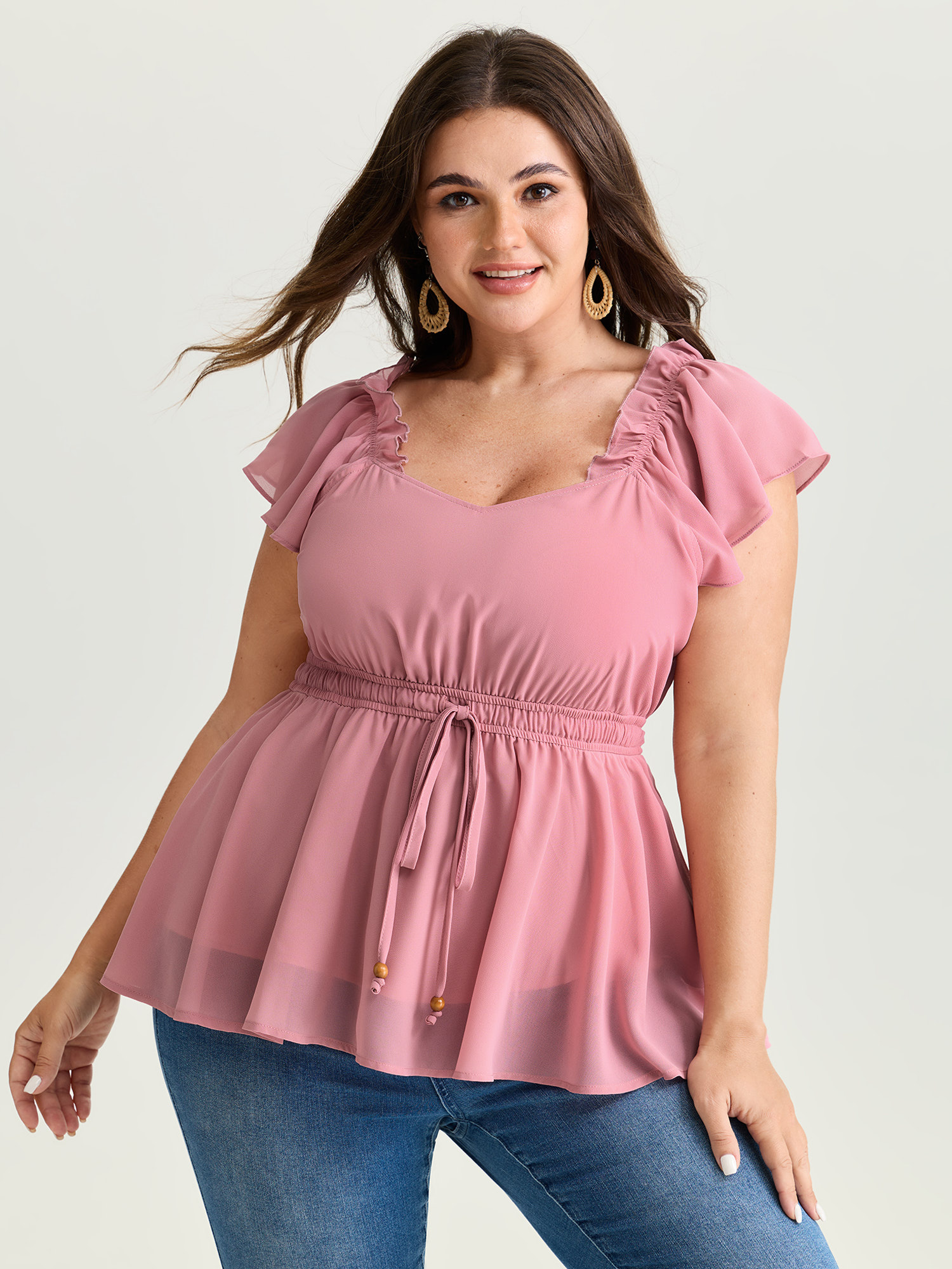 BloomChic Women's Plus Size Ruffled Neckline Drawstring Shirred Waistline Blouse Rouge Solid Vacation Short sleeve V-Neck 10/M