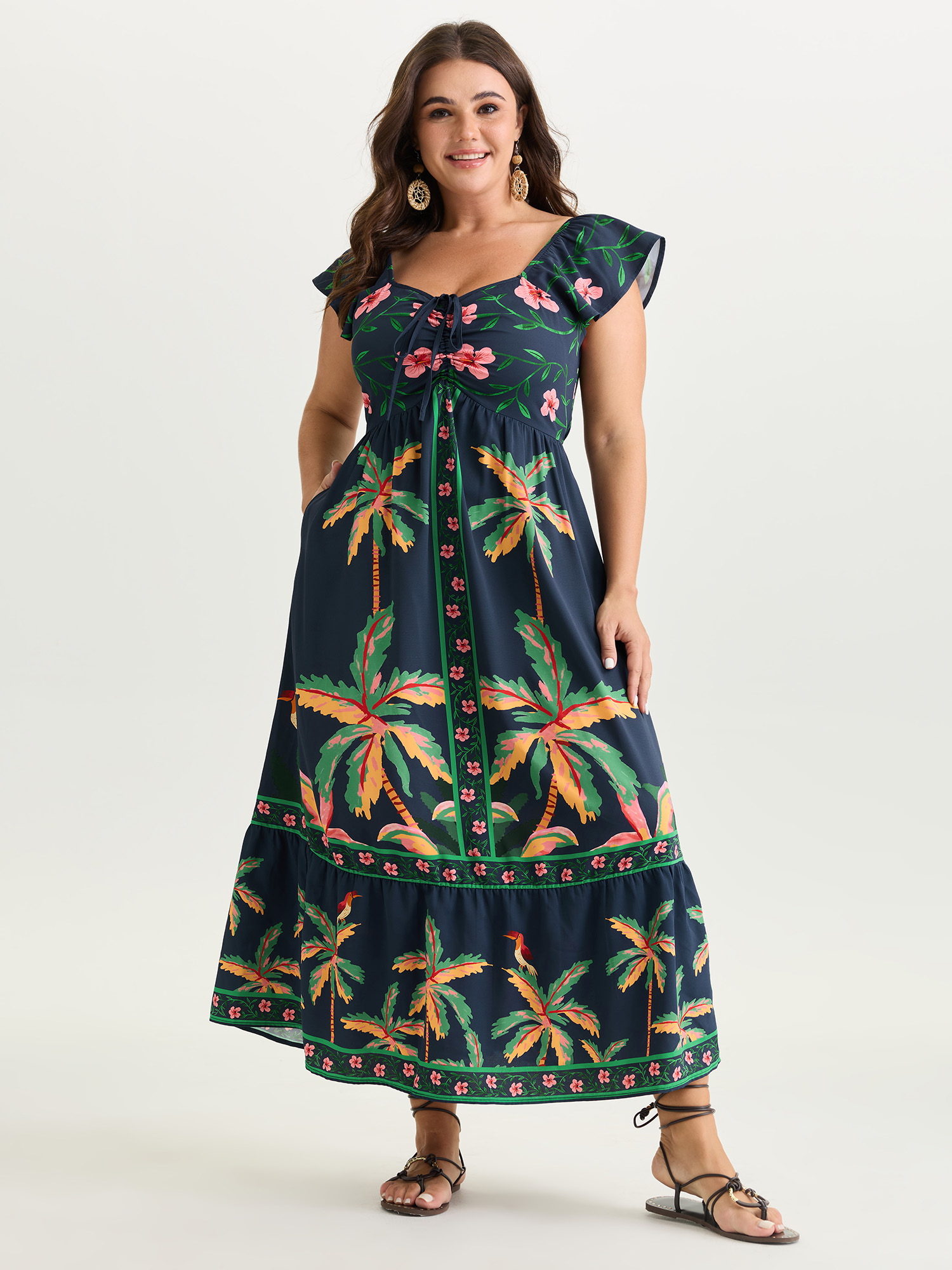 BloomChic Women's Plus Size Supersoft Tropical Floral Print Drawstring Maxi Dress Multicolor Tropical Maxi Vacation Colorblock 10/M