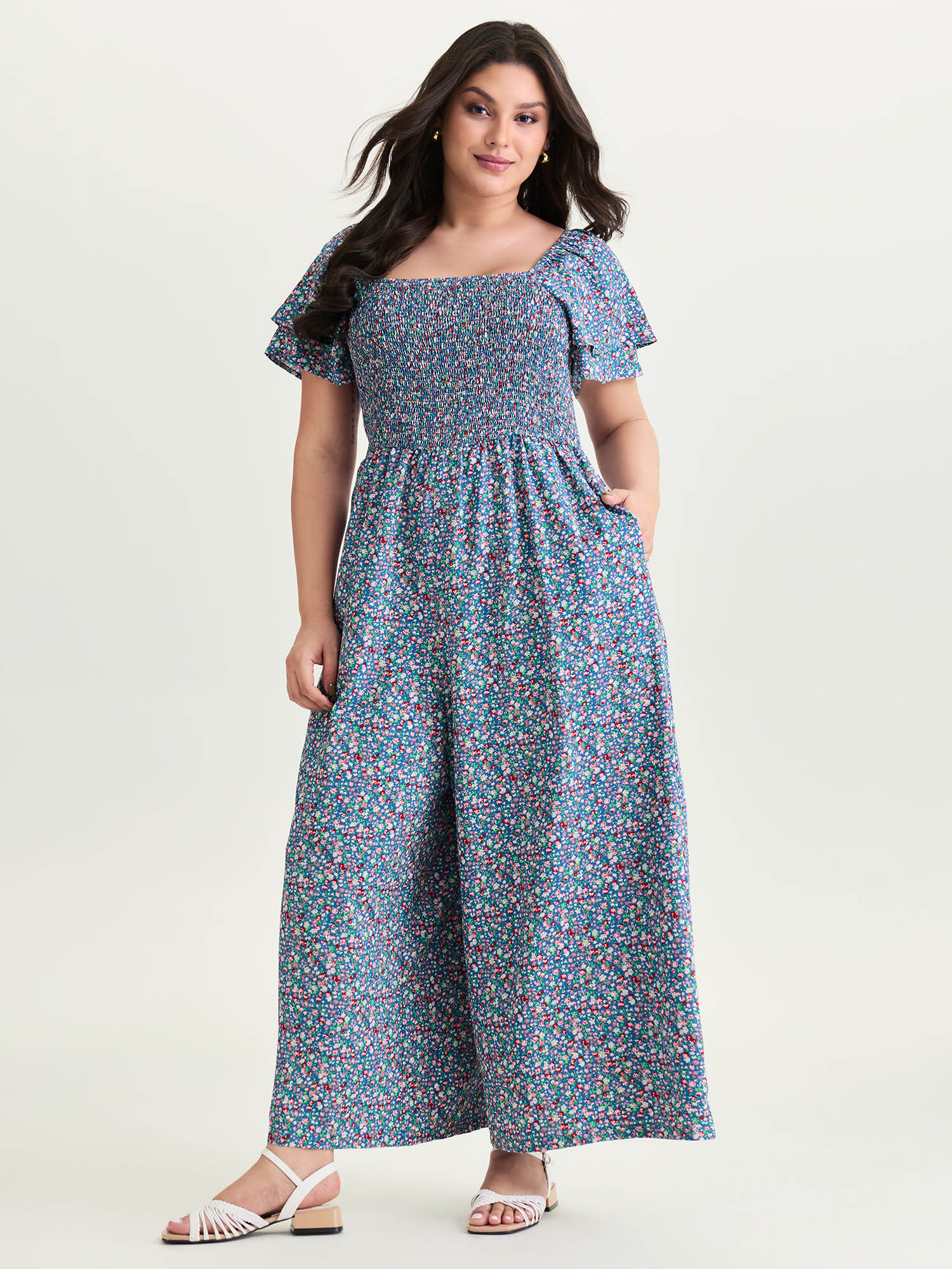 BloomChic Plus Size Micro Floral Print Shirred Jumpsuit - Curve Women's Mediumblue Playsuit - Side Pocket Wide leg Jumpsuits 14/M