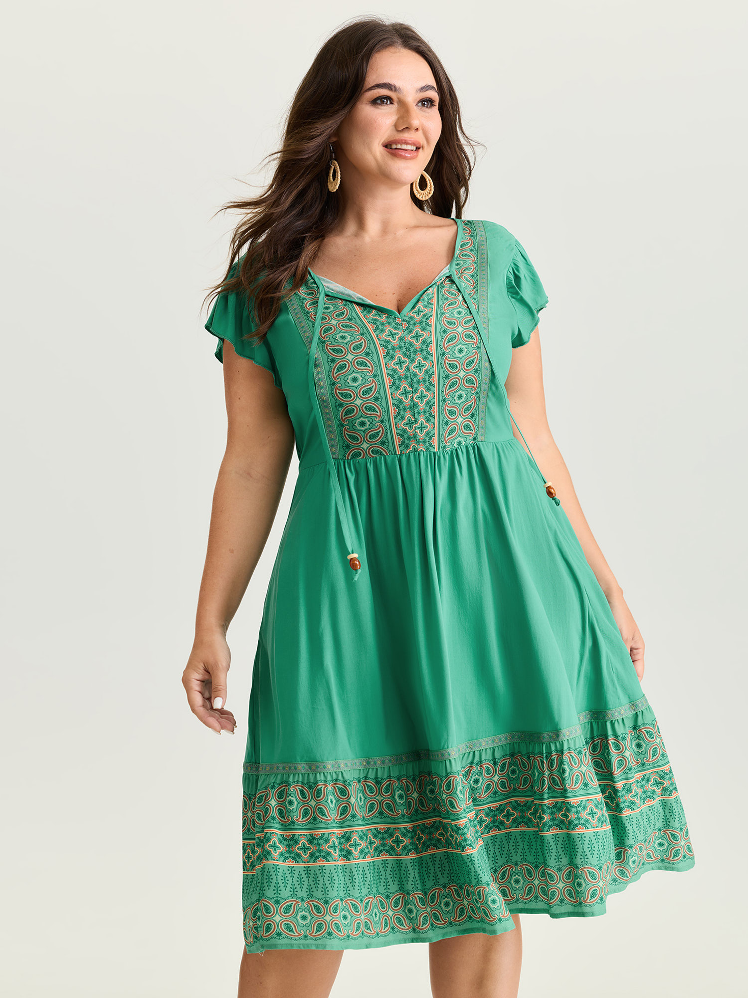 BloomChic Women's Plus Size Boho Print Ruffled Sleeve Mini Dress Emerald Ethnic Floral Mini Vacation Beaded 22-24/3X