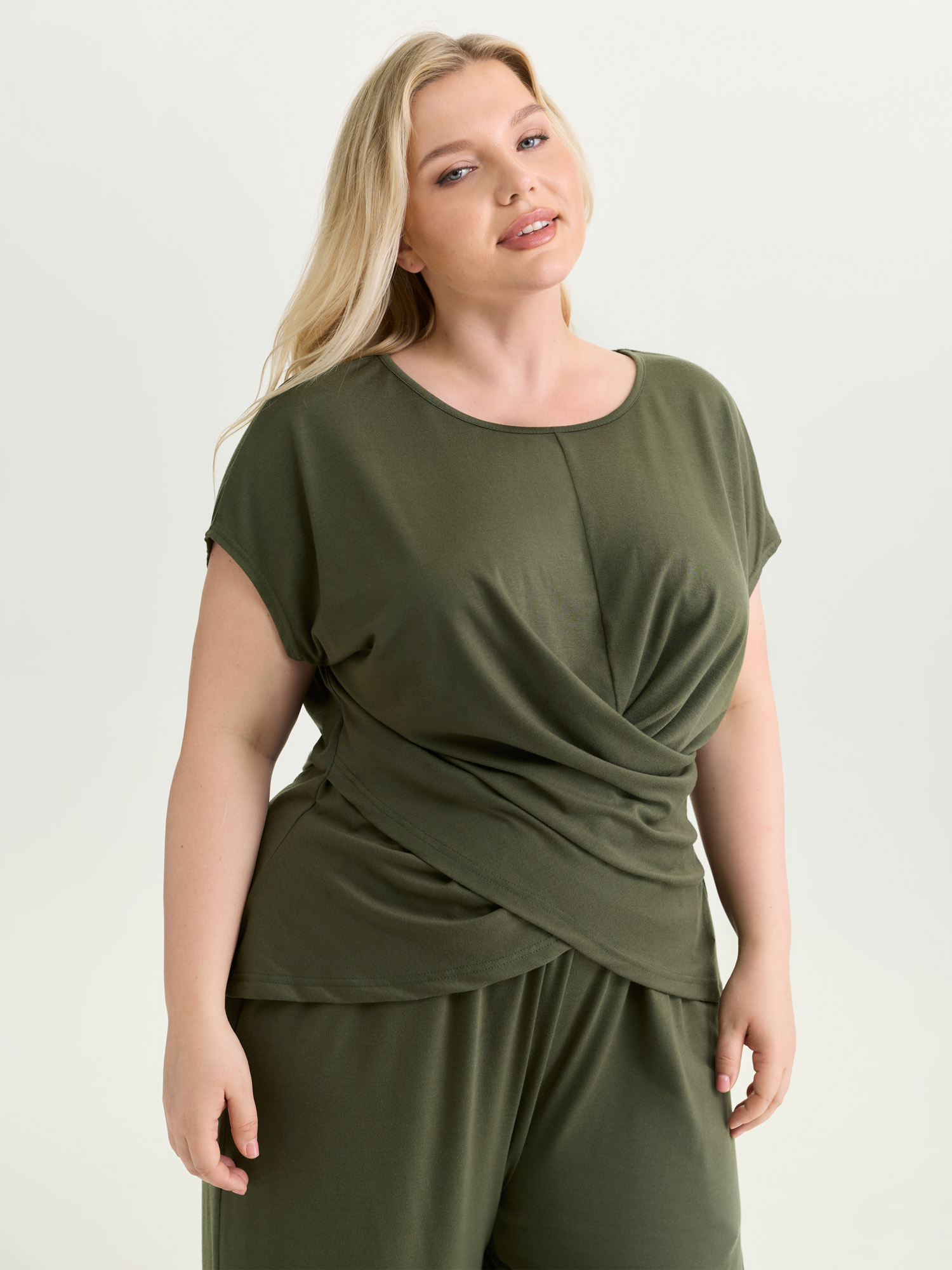 BloomChic Plus Size Supersoft Stretchy Overlap Pleated Knit Top - Women's ArmyGreen Solid Round Neck Comfort Midsection Fit Short sleeve Americana Daily Knit Tops 14/M