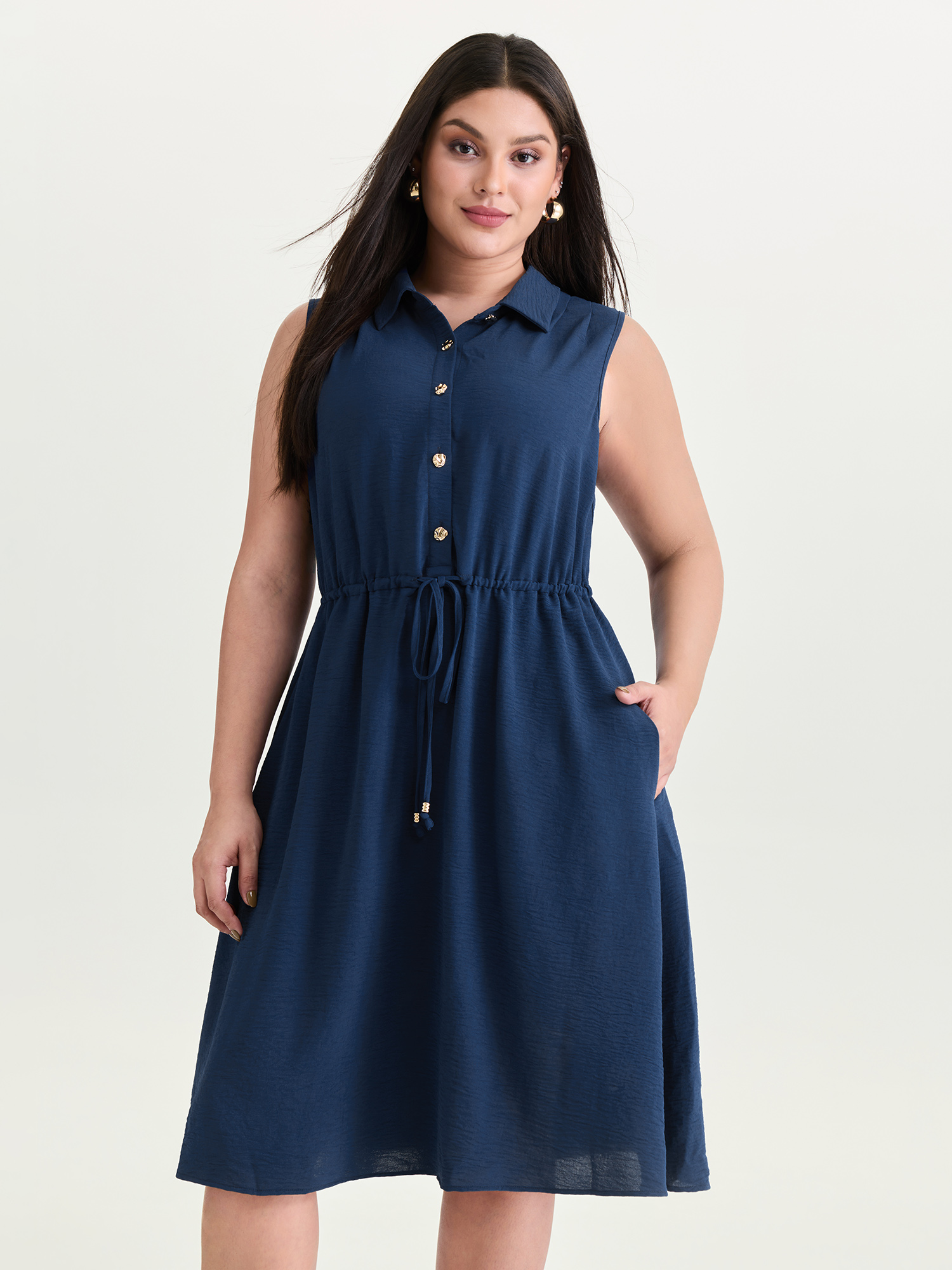 BloomChic Women's Plus Size Collar Button Detail Waist Drawstring Mini Dress DarkBlue Solid Knee Length Office Drawstring 10/M