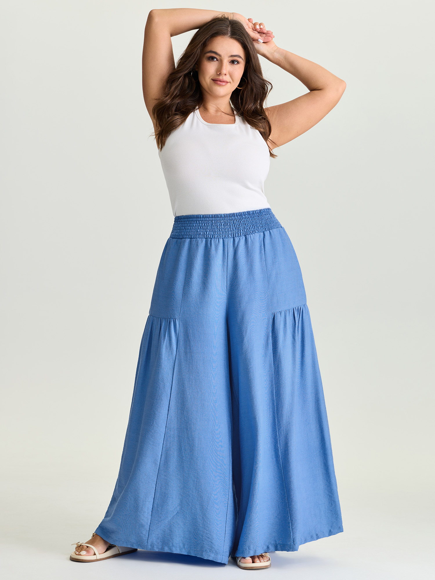 BloomChic Women's Plus Size Shirred Wide Waistband Tiered Pants Skyblue Solid Wide leg High Rise 14-16/1X