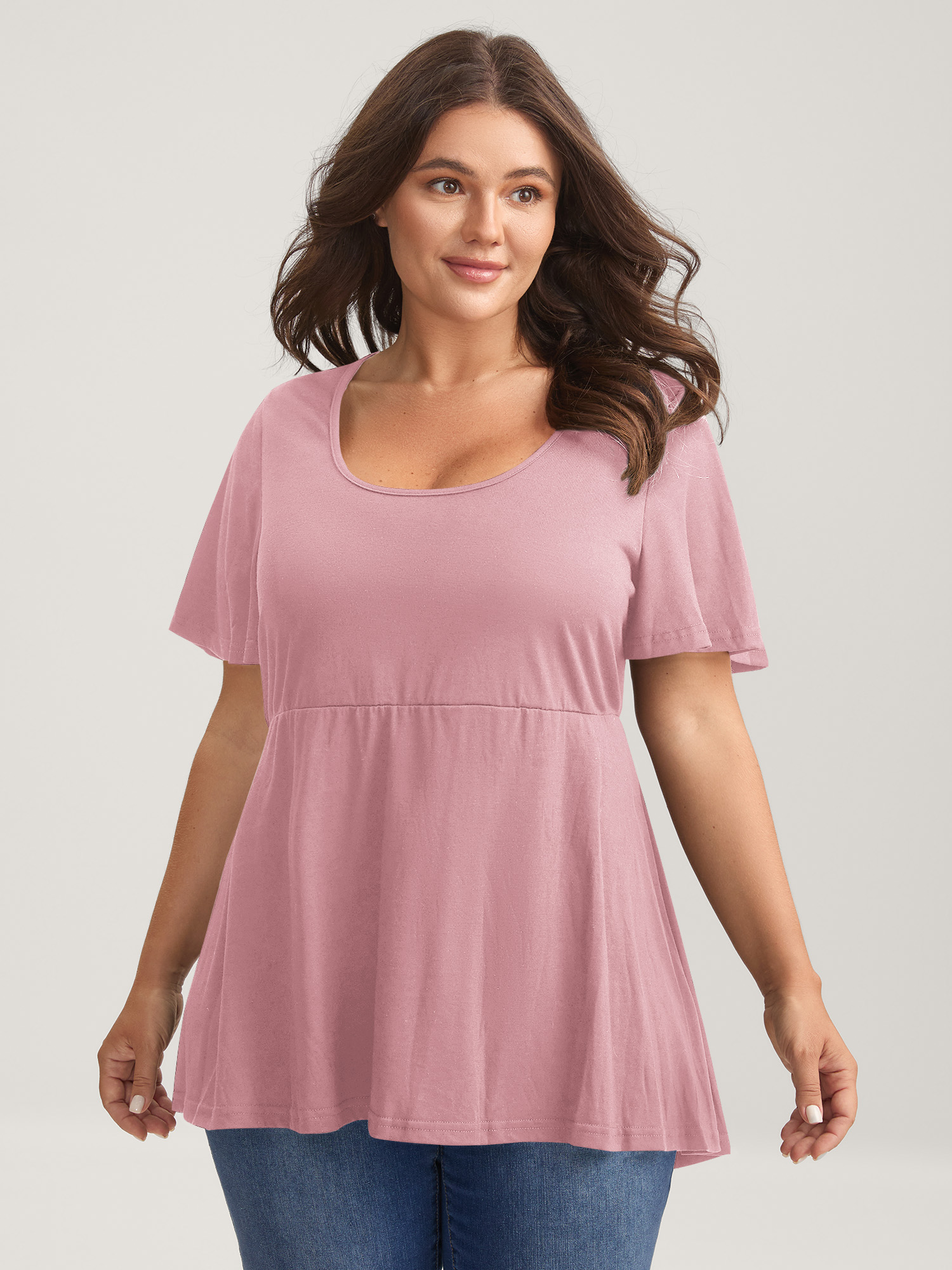 BloomChic Women's Plus Size Ruffled Sleeve Round Neck Babydoll Top Pink Nectar Short sleeve Everyday-Casual U-Neck 10/M