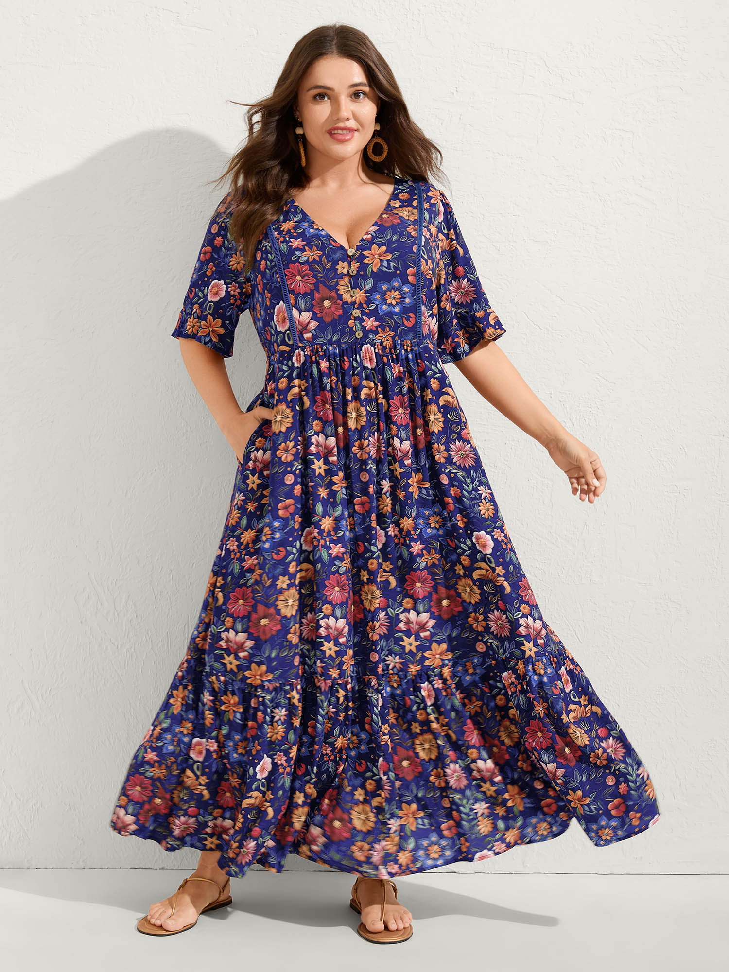 BloomChic Women's Plus Size Rayon Floral Lace Trim Button Maxi Dress DarkBlue Floral Longline Vacation Patchwork 10/M