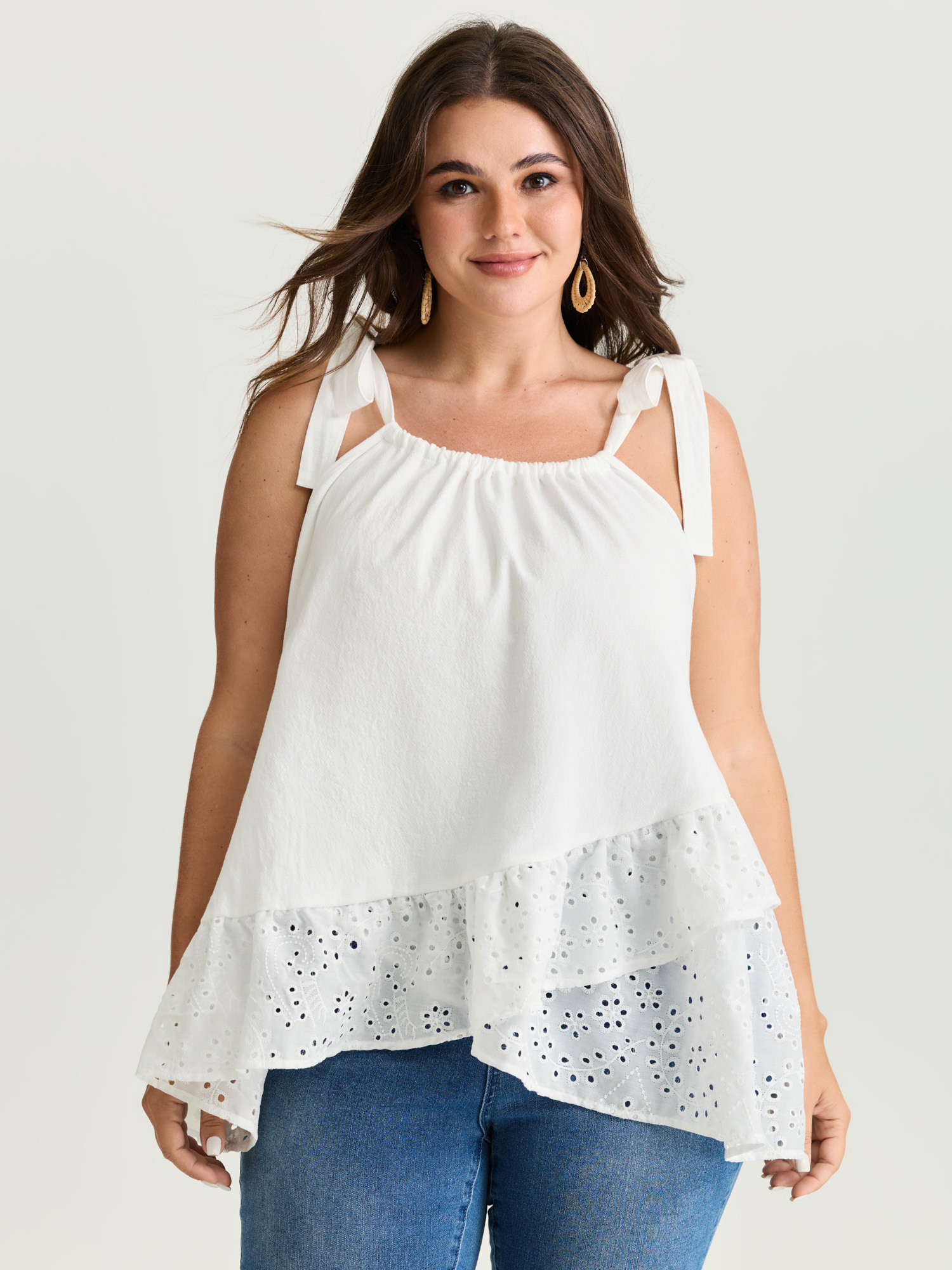 BloomChic Women's Plus Size Cotton Overlap Ruffled Hem Shoulder-Tie Tank Top WhiteSmoke Vacation Relaxed Fit Fit & Flare Cold Shoulder 10/M