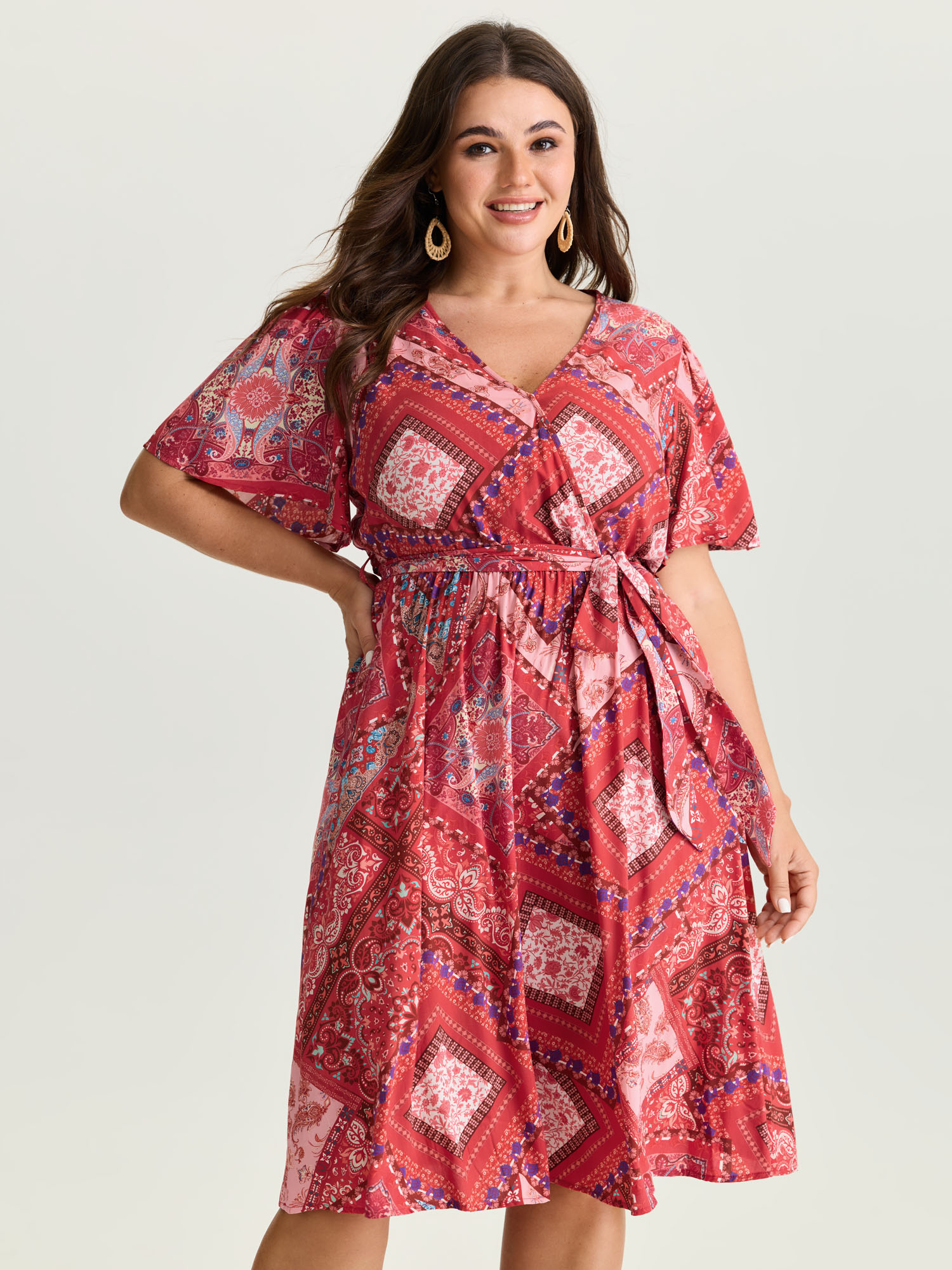 BloomChic Women's Plus Size Supersoft Floral Patchwork Print Waist-Tie Midi Dress Scarlet Ethnic Floral Midi Vacation Wrap / Overlap 10/M