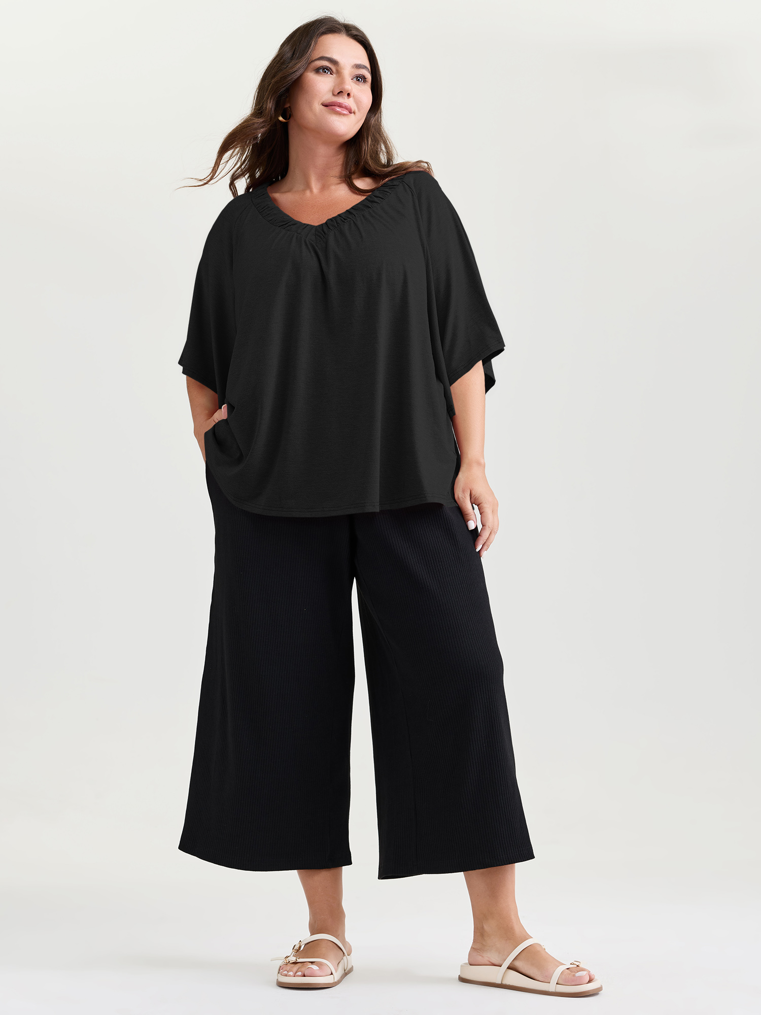 BloomChic Women's Plus Size Supersoft Bust-Friendly Flowy Plain Top Pureblack 3/4 Sleeve Everyday-Casual V-Neck 10/M