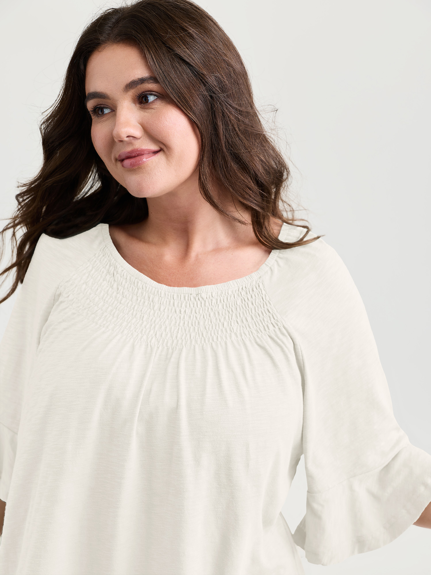 BloomChic Women's Plus Size Ruffled Sleeve Shirred Neckline Plain Top Originalwhite 3/4 Sleeve Everyday-Casual 10/M