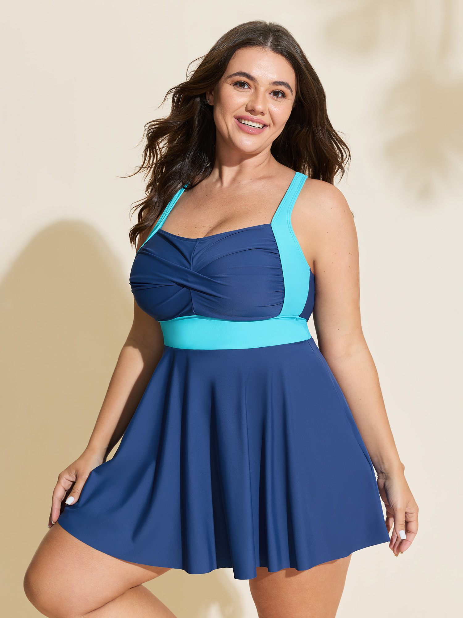 BloomChic Women's Plus Size Color Contrast Twist Front Swim Dress Indigo Solid Patchwork Anti-Float Tie 12/L