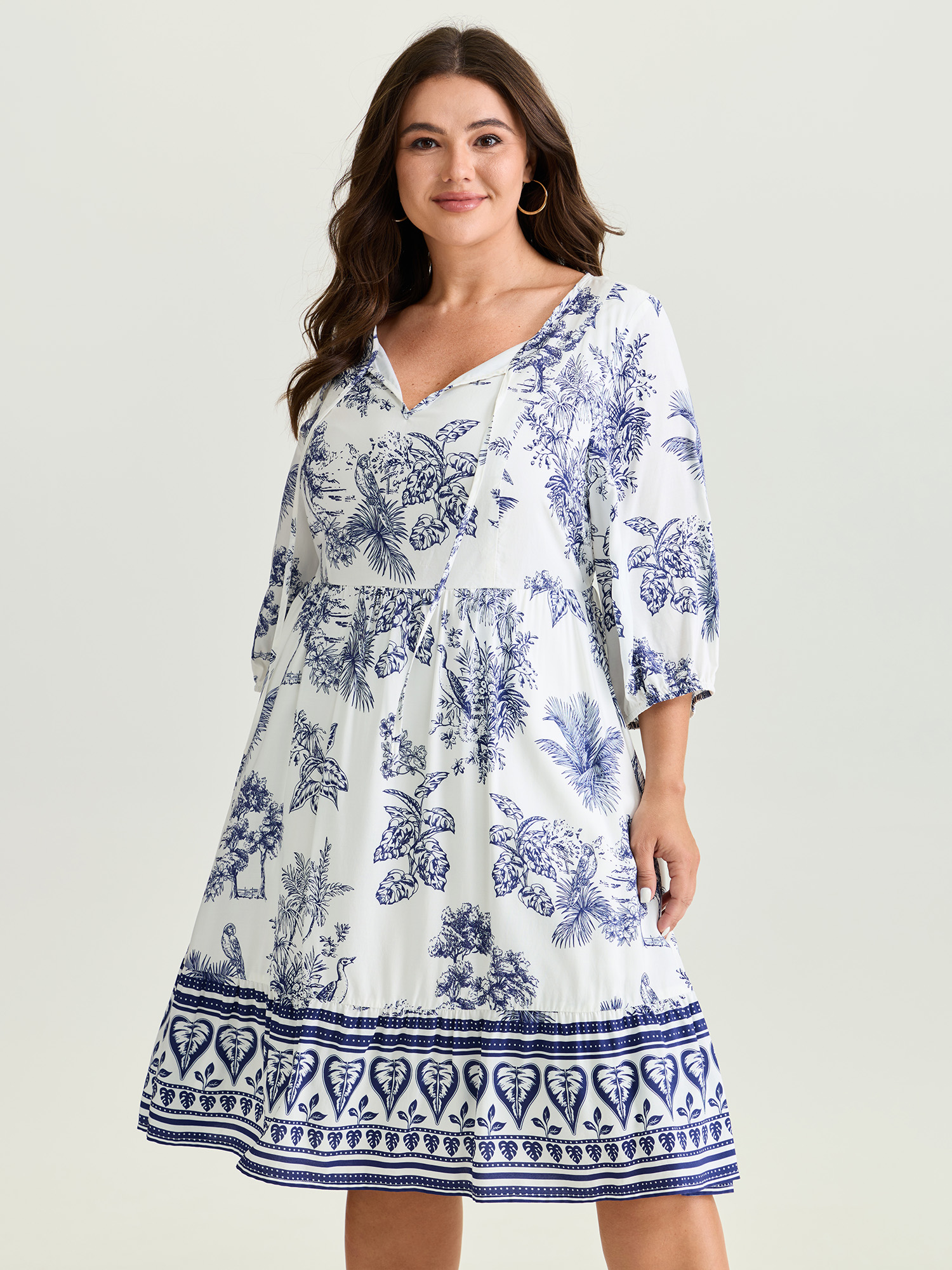 BloomChic Women's Plus Size Rayon Gathered Lined Pockets Mini Dress DarkBlue Tropical Knee Everyday-Casual Tie knot 10/M