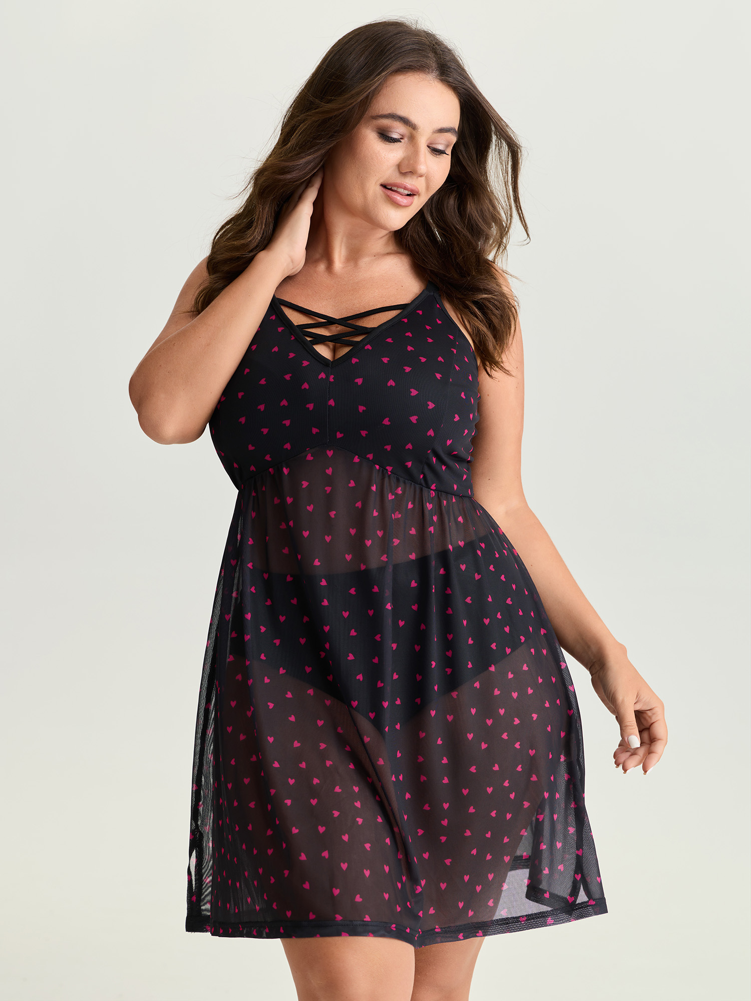 BloomChic Women's Plus Size Sweetheart Print Sheer Crisscross Neckline Nightgown Black Sleeveless Tunic 28/5X-image-47824889741482