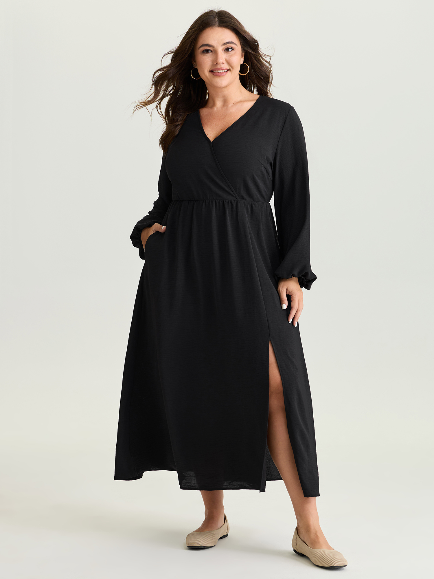 BloomChic Women's Plus Size Wrap Neckline Slit Hem Flowy Maxi Dress Black Solid Maxi Everyday-Casual Wrap / Overlap 10/M