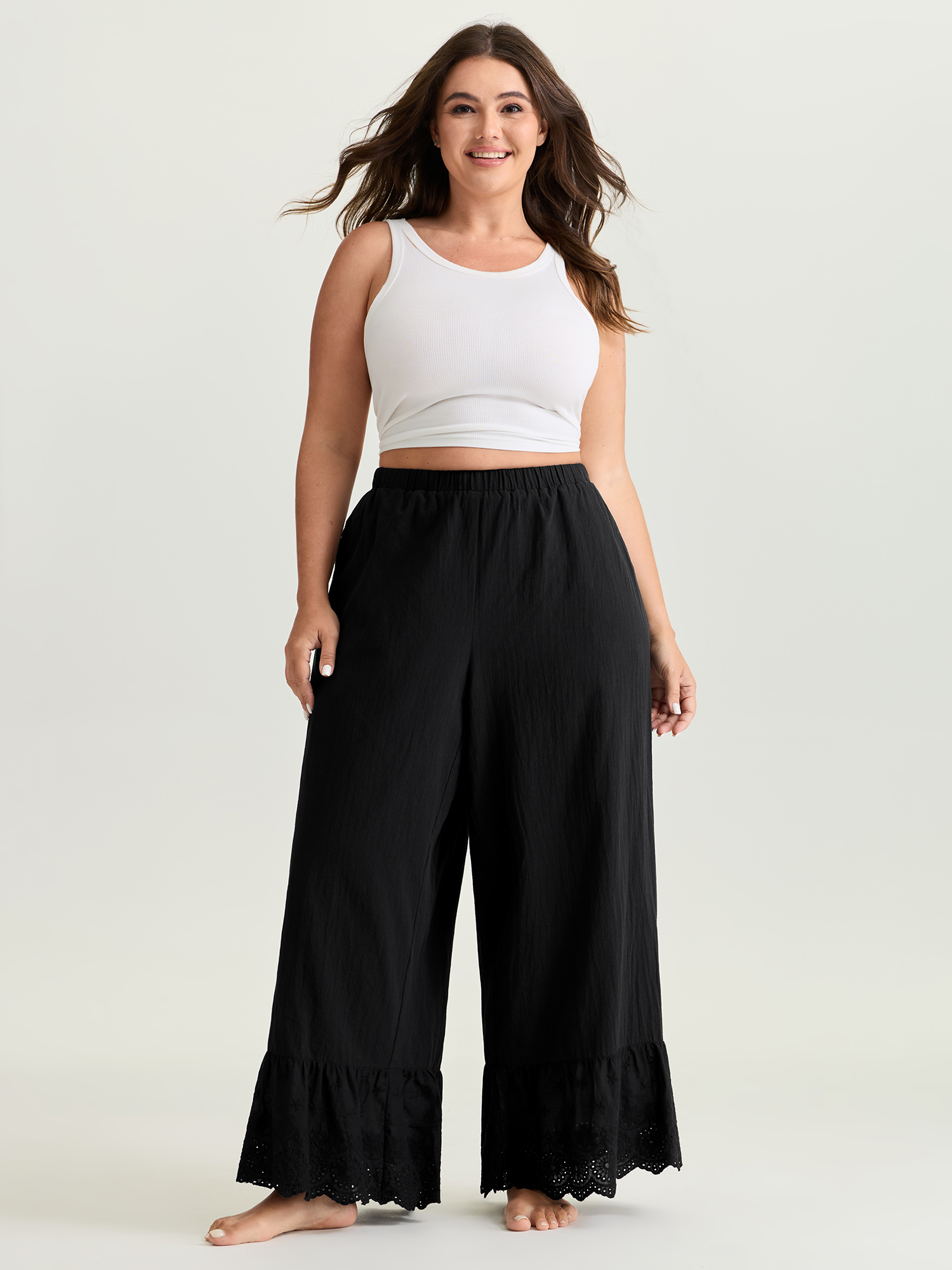 BloomChic Women's Plus Size Pure Cotton Ruffled Hem Lounge Bottoms Black Full 22-24/3X-image-47894996746410