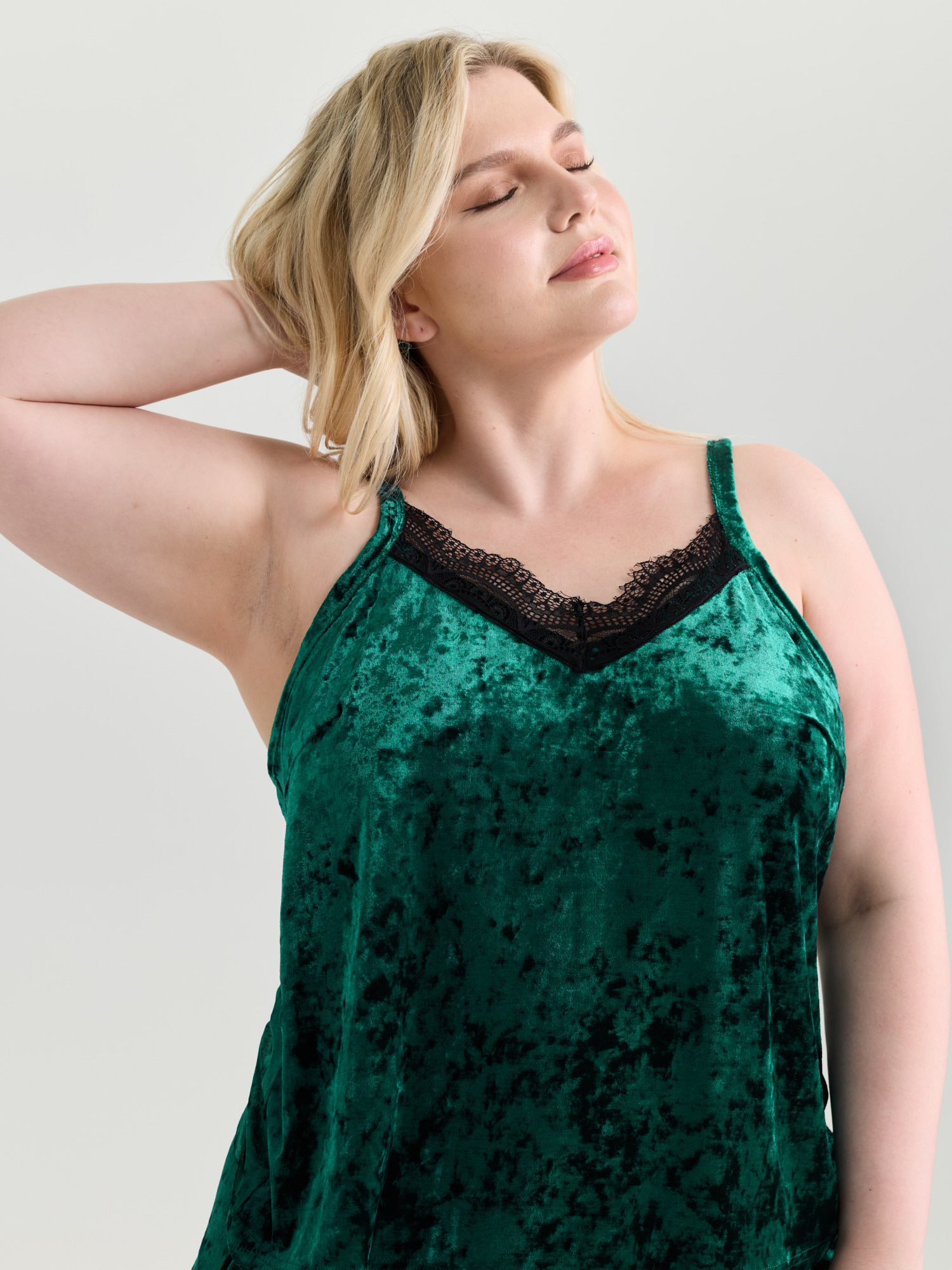 Side view of BloomChic Women's Plus Size Velvet Lace Stretchy Waist Co-ord Pajama Set Cyan not graphics 30/6X