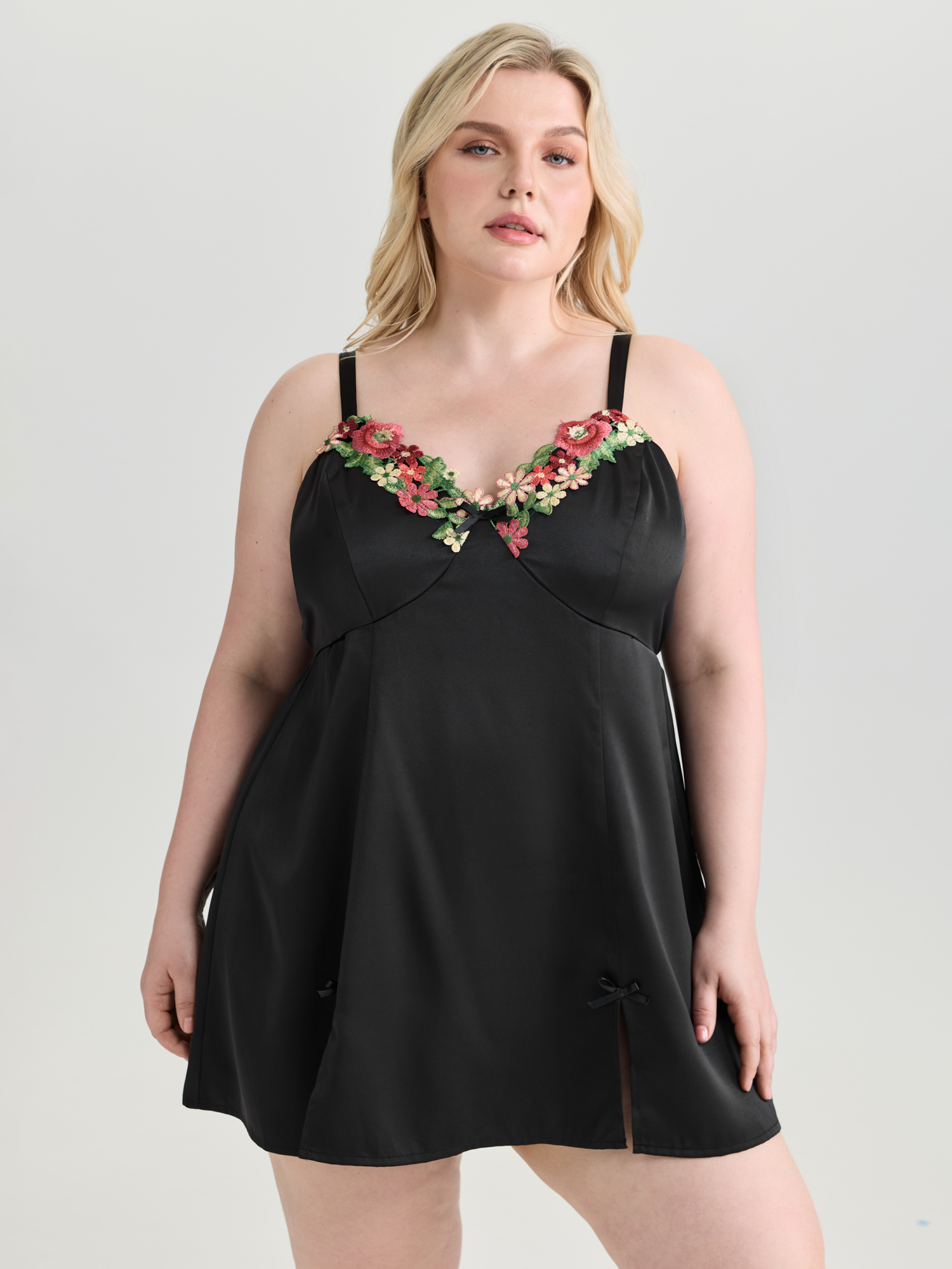 BloomChic Women's Plus Size Floral Embroidered Satin Bustier Nightgown Black Sleeveless Tunic 30/6X-image-48024799117482