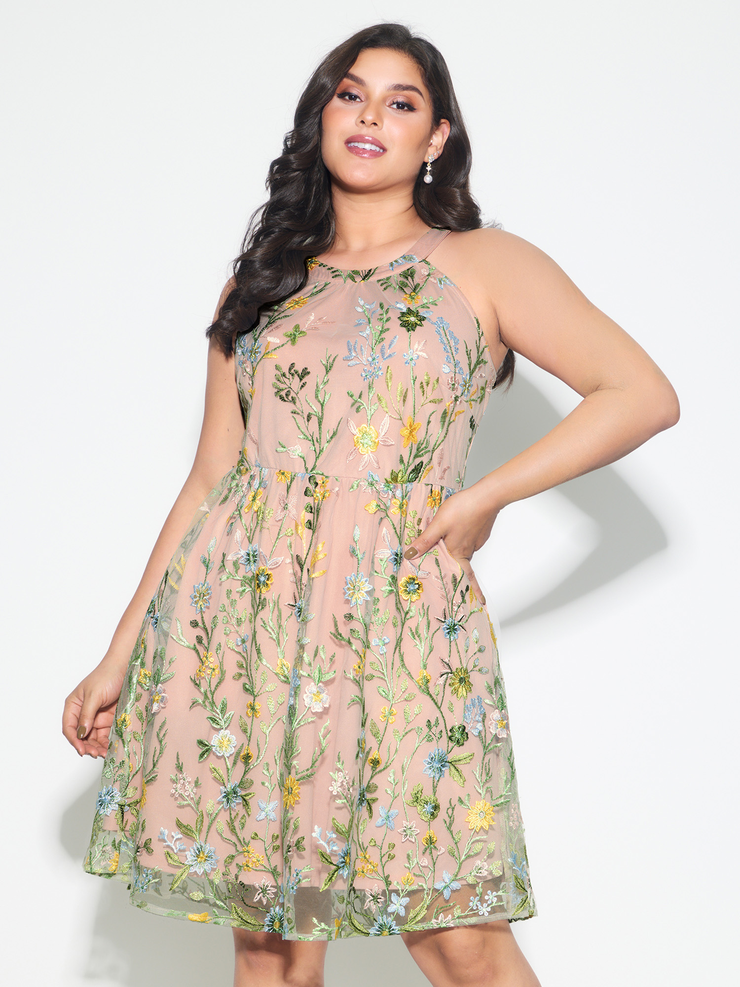 BloomChic Women's Plus Size Floral Embroidered Mesh Fit And Flare Mini Dress Nudepink Party Knee Length Backless Halter Neck 10/M-image-48171285479594
