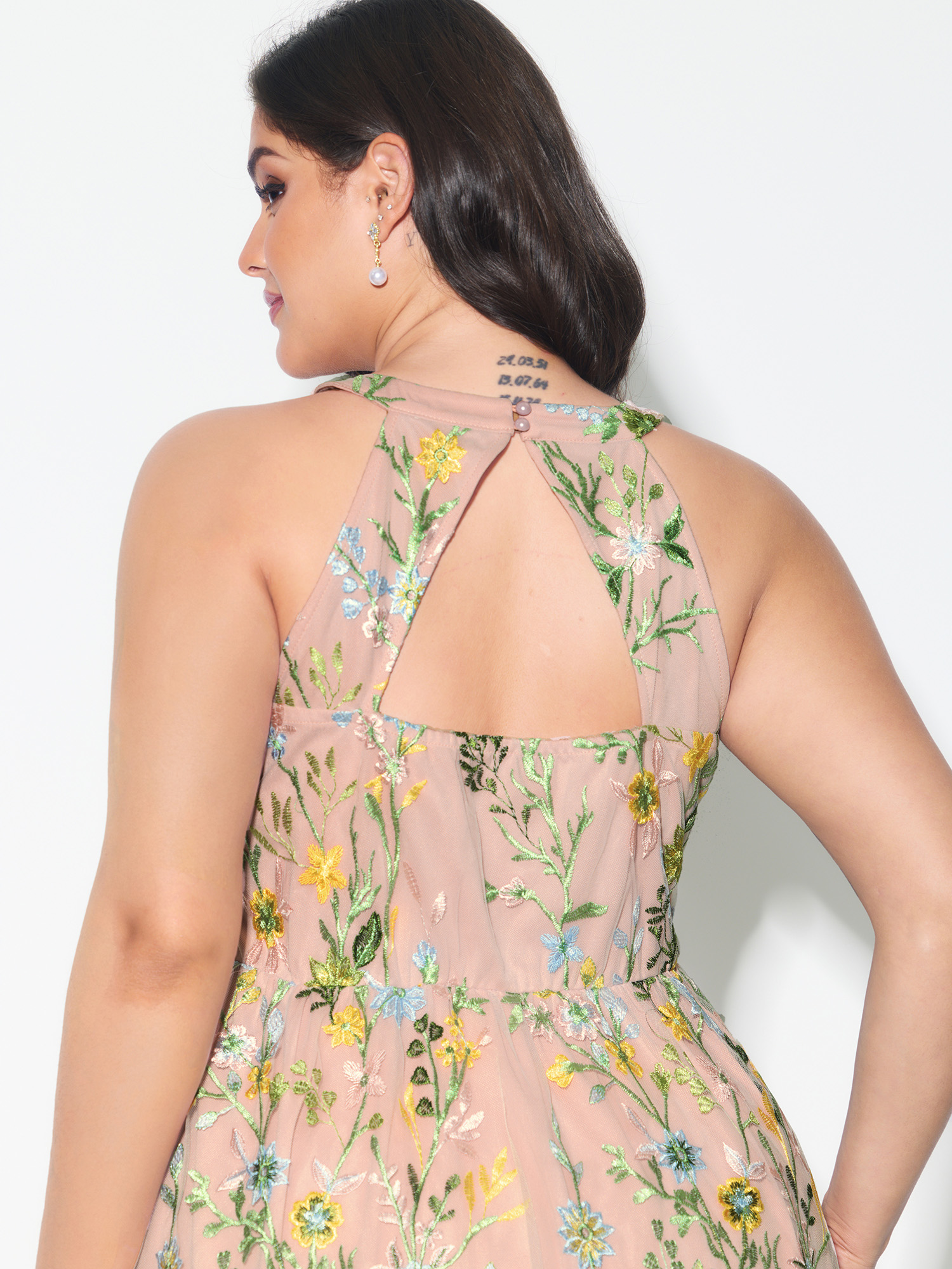 Side view of BloomChic Women's Plus Size Floral Embroidered Mesh Fit And Flare Mini Dress Nudepink Party Knee Length Backless Halter Neck 22-24/3X