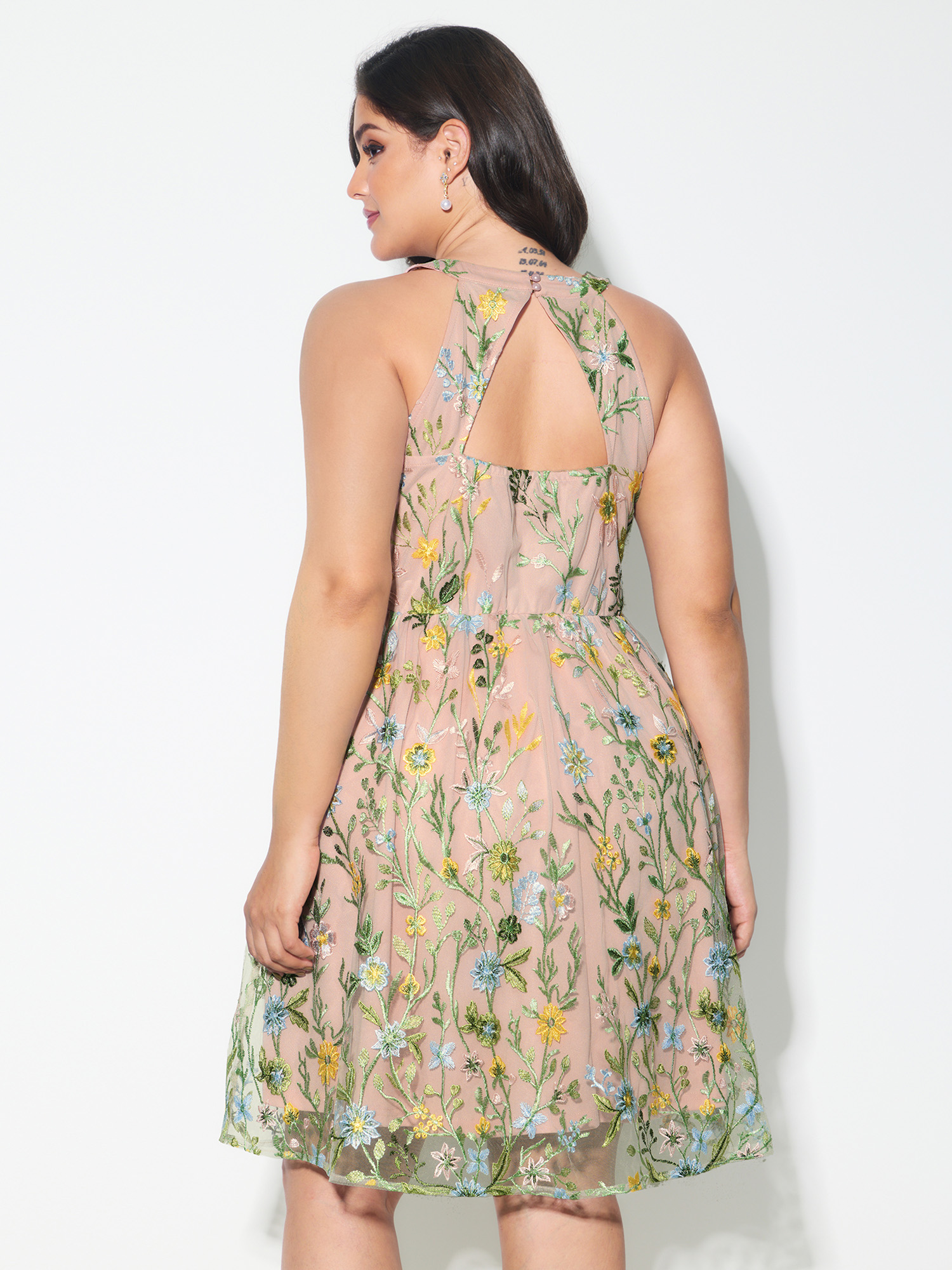 Side view of BloomChic Women's Plus Size Floral Embroidered Mesh Fit And Flare Mini Dress Nudepink Party Knee Length Backless Halter Neck 22-24/3X