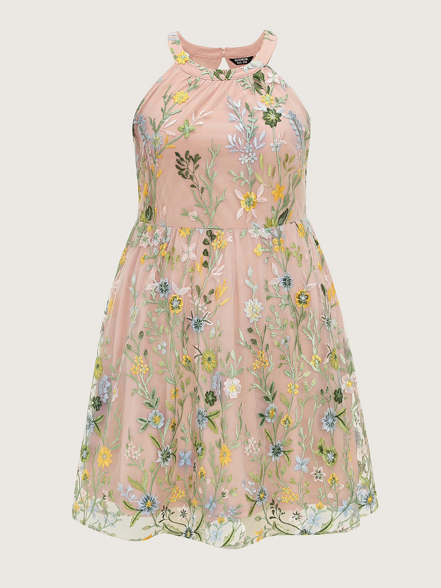 Side view of BloomChic Women's Plus Size Floral Embroidered Mesh Fit And Flare Mini Dress Nudepink Party Knee Length Backless Halter Neck 22-24/3X