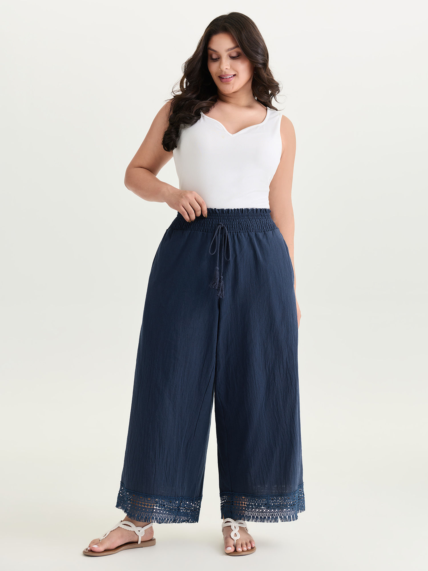 BloomChic Women's Plus Size Cotton Wide Shirred Waistband Lace Hem Pants Indigo Solid Straight fit Mid Rise 10/M