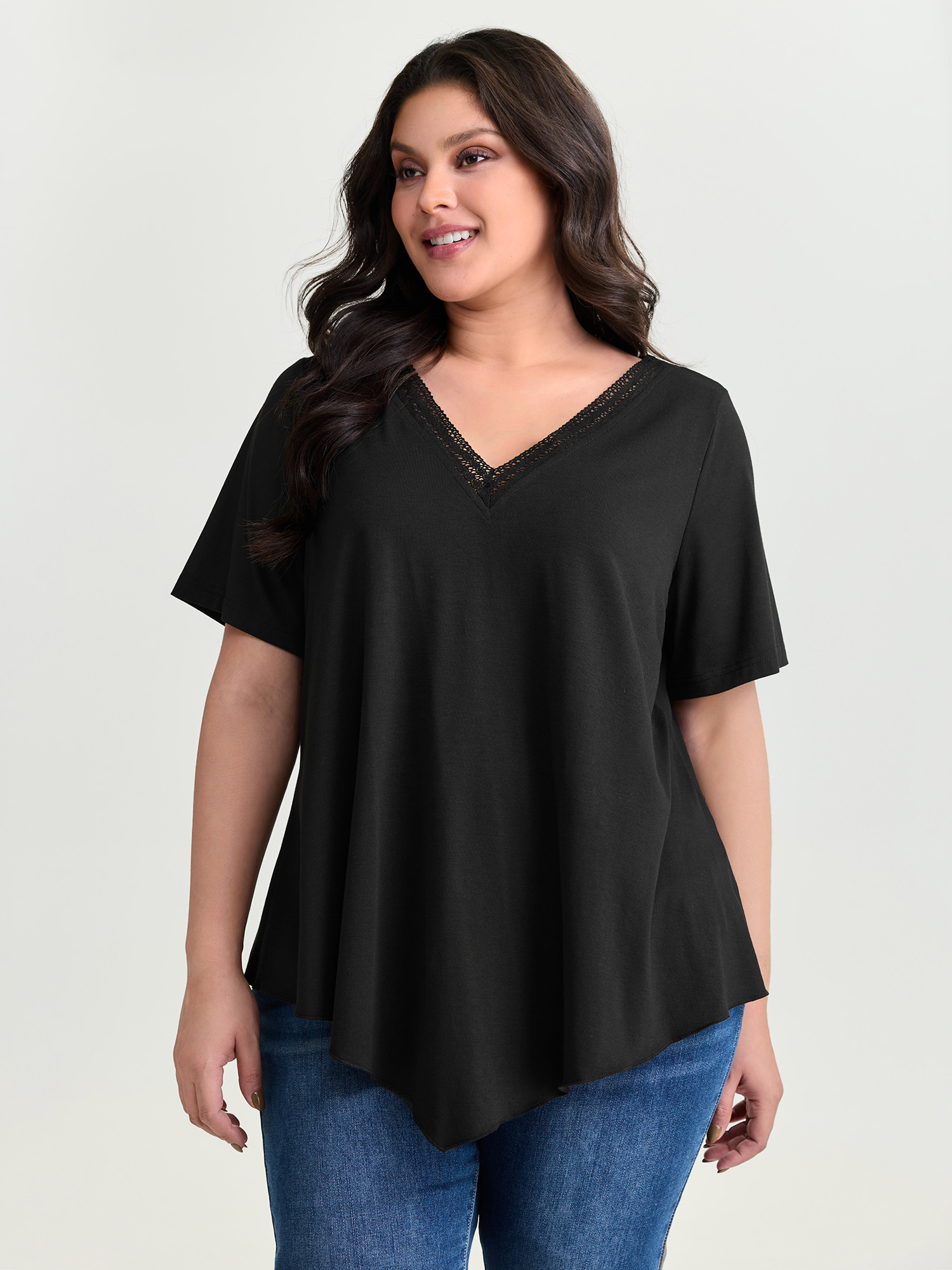 BloomChic Plus Size Supersoft Stretchy Draped Lace Trim Plain T-Shirt - Women's Black Solid Round Neck Comfort Midsection Fit Long Sleeve Playful T-shirts 14/M
