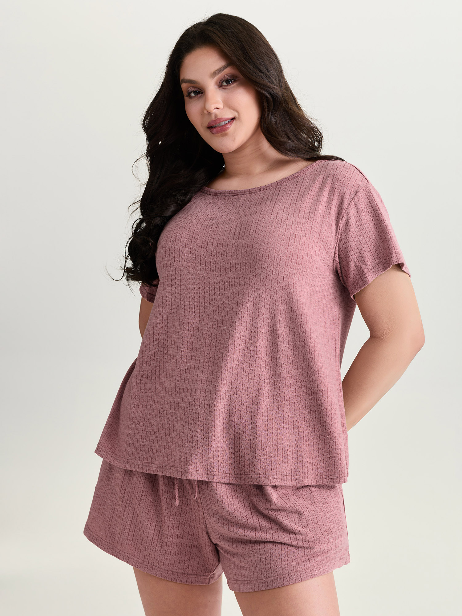 BloomChic Women's Plus Size Supersoft Ribbed Plain Two-Piece Lounge Set DustyPink Short sleeve Lace-Up 28/5X-image-48171252744362